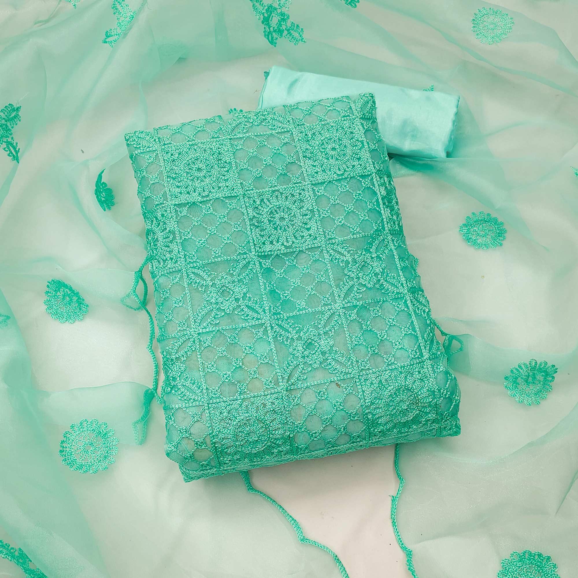 Turquoise Floral Embroidered Organza Dress Material - Peachmode