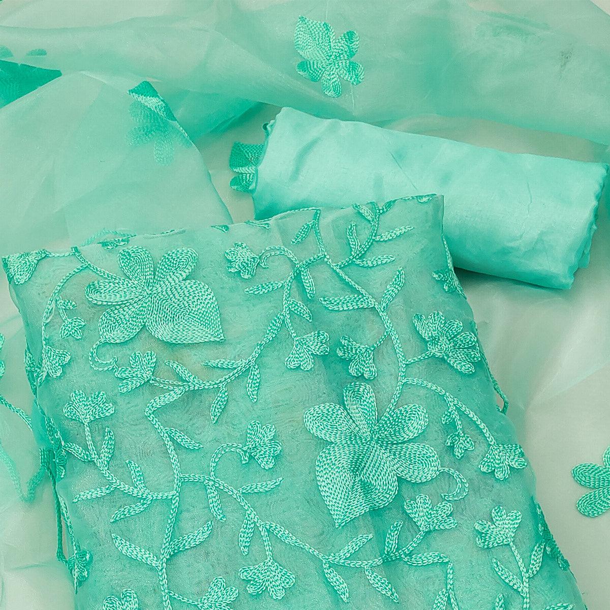 Turquoise Floral Embroidered Organza Dress Material - Peachmode