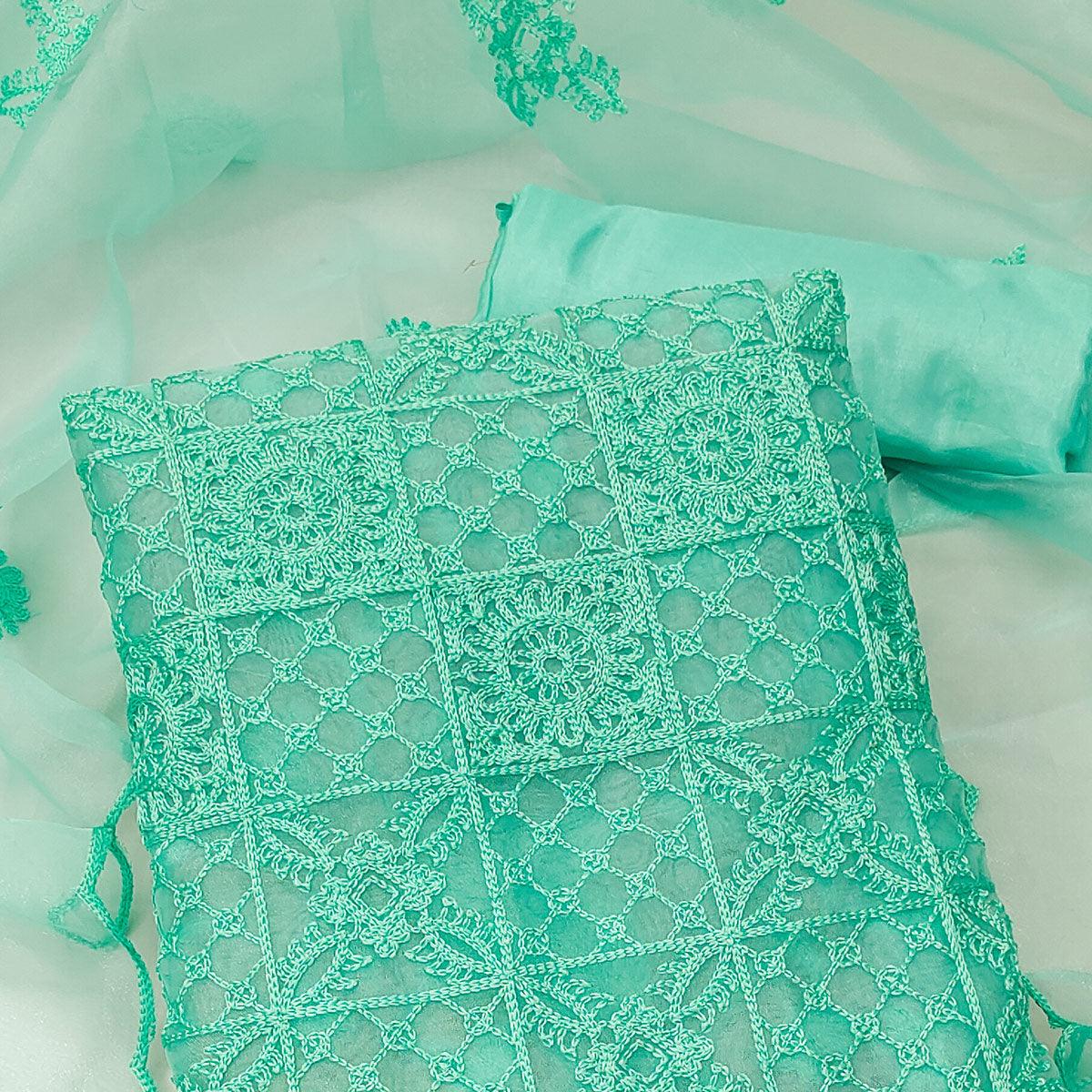 Turquoise Floral Embroidered Organza Dress Material - Peachmode