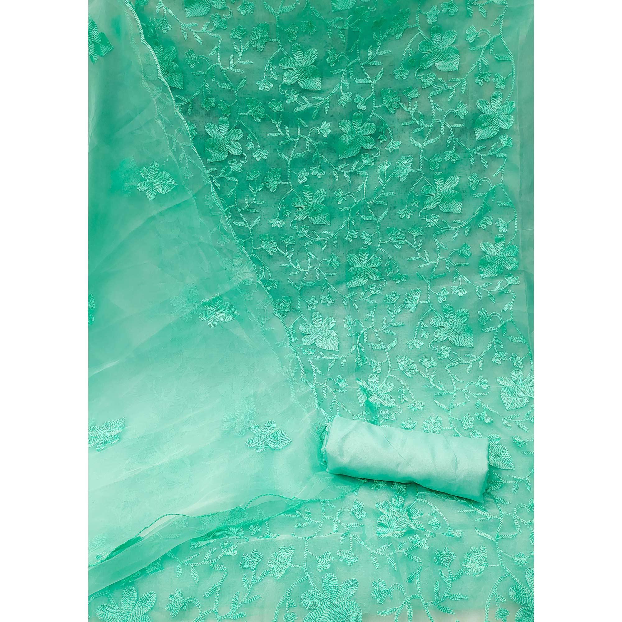 Turquoise Floral Embroidered Organza Dress Material - Peachmode