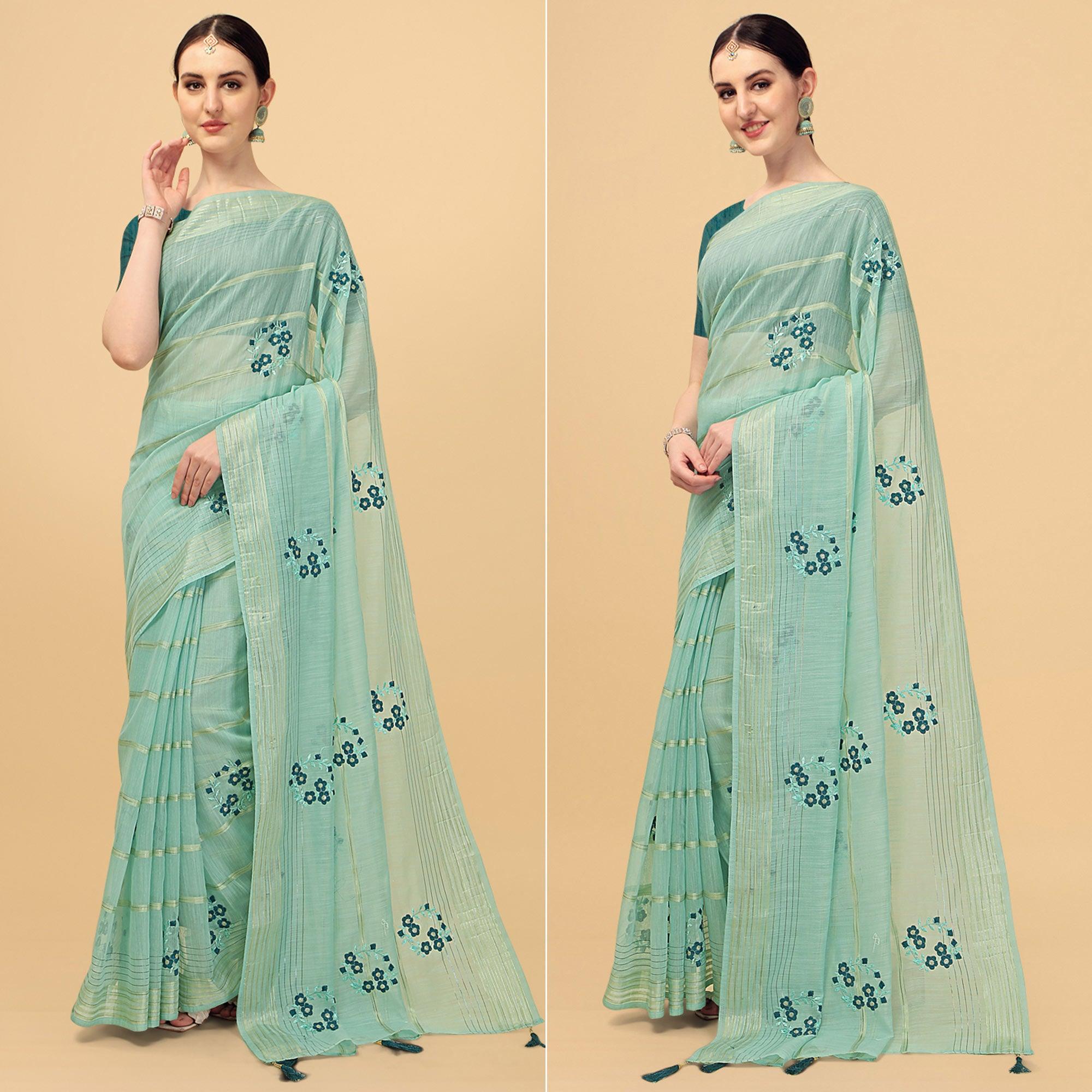 Turquoise Floral Embroidered Poly Cotton Saree - Peachmode