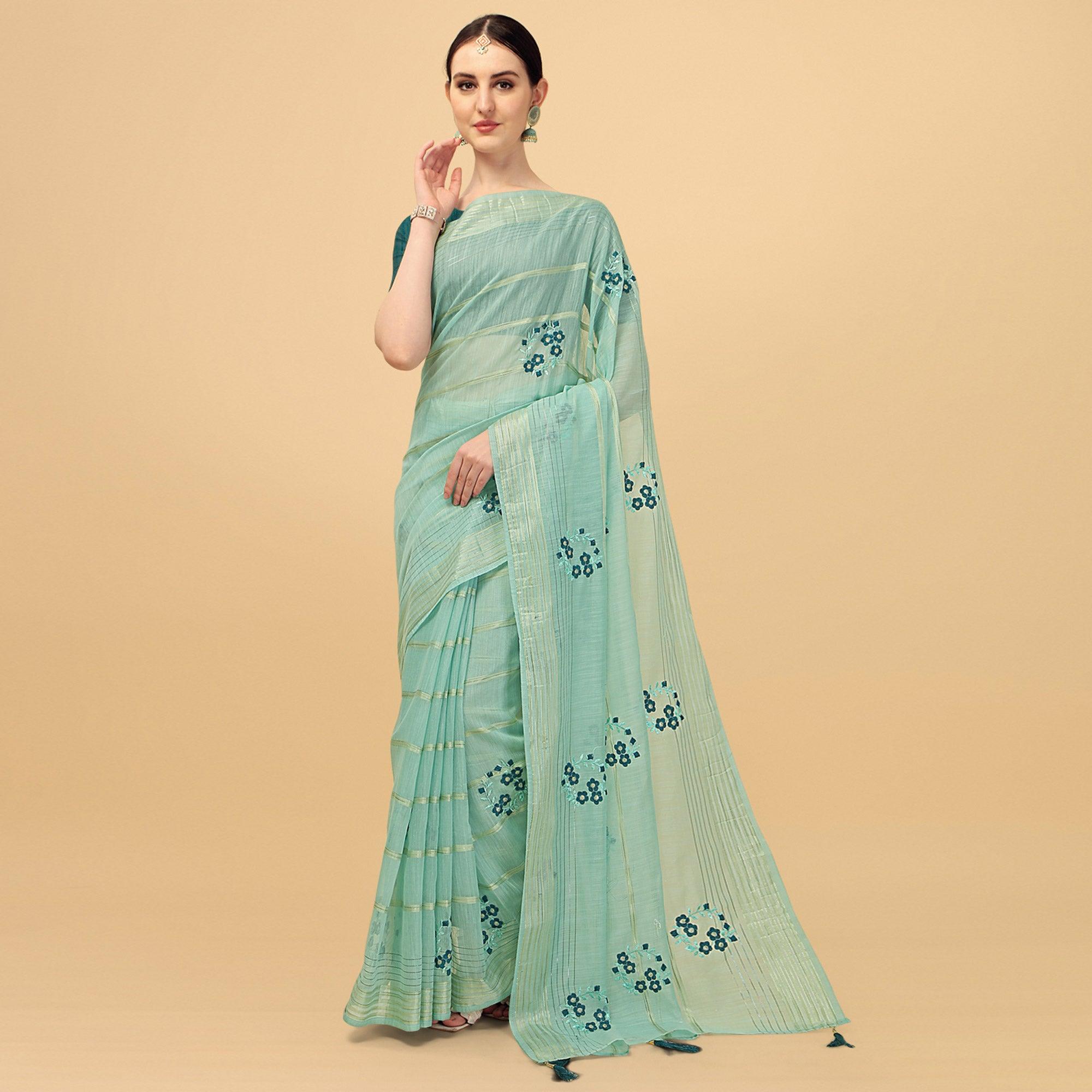 Turquoise Floral Embroidered Poly Cotton Saree - Peachmode