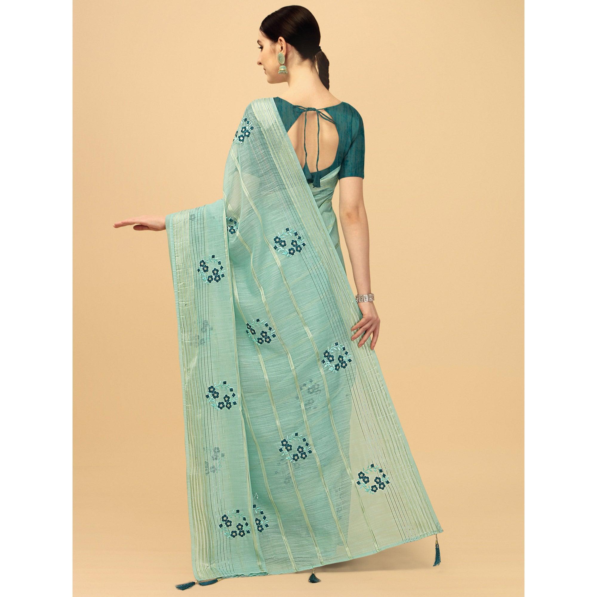 Turquoise Floral Embroidered Poly Cotton Saree - Peachmode