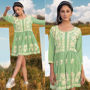 Turquoise Floral Embroidered Rayon Top - Peachmode