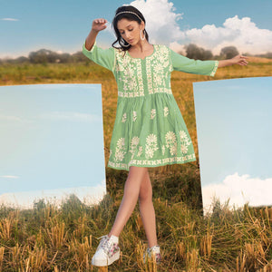 Turquoise Floral Embroidered Rayon Top - Peachmode