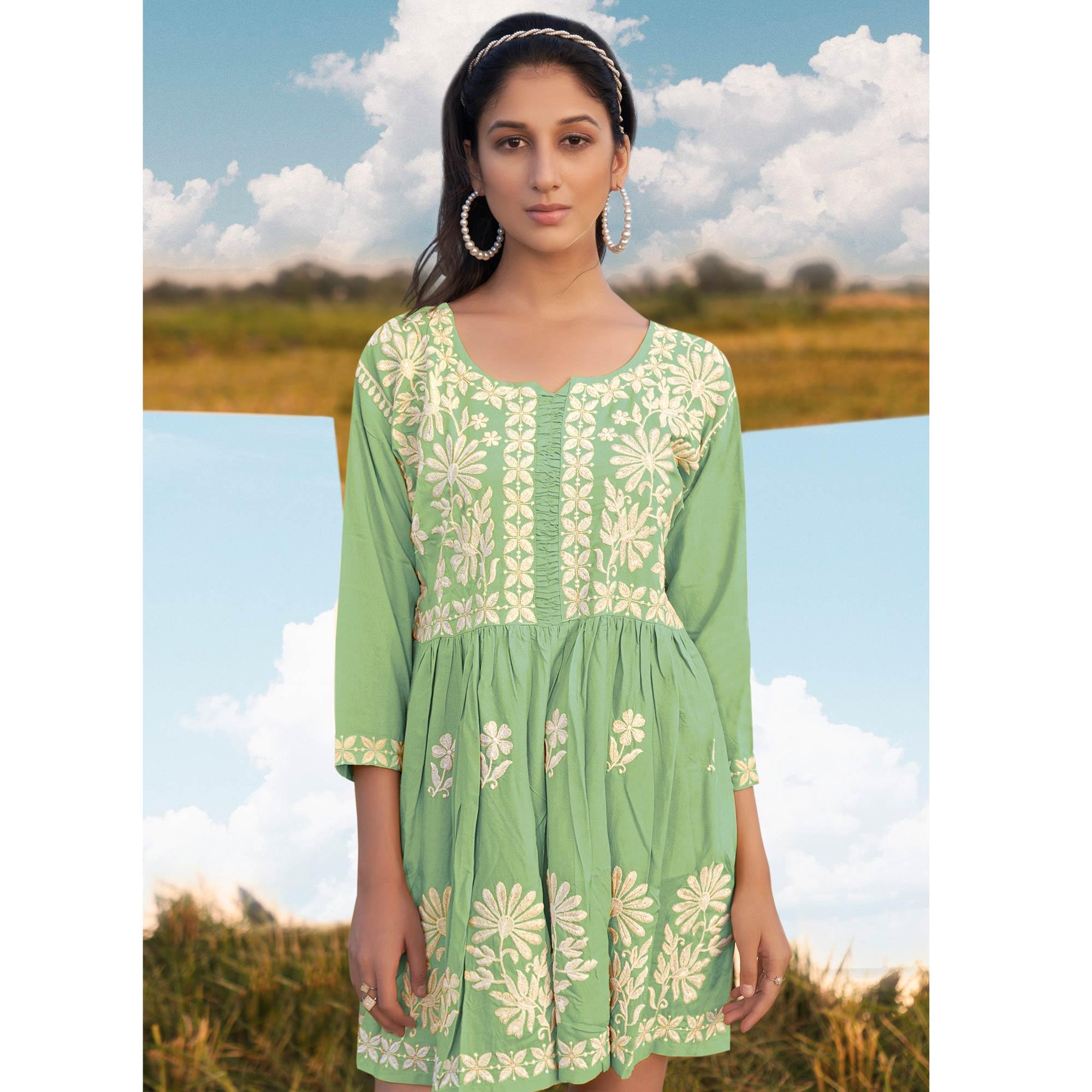 Turquoise Floral Embroidered Rayon Top - Peachmode
