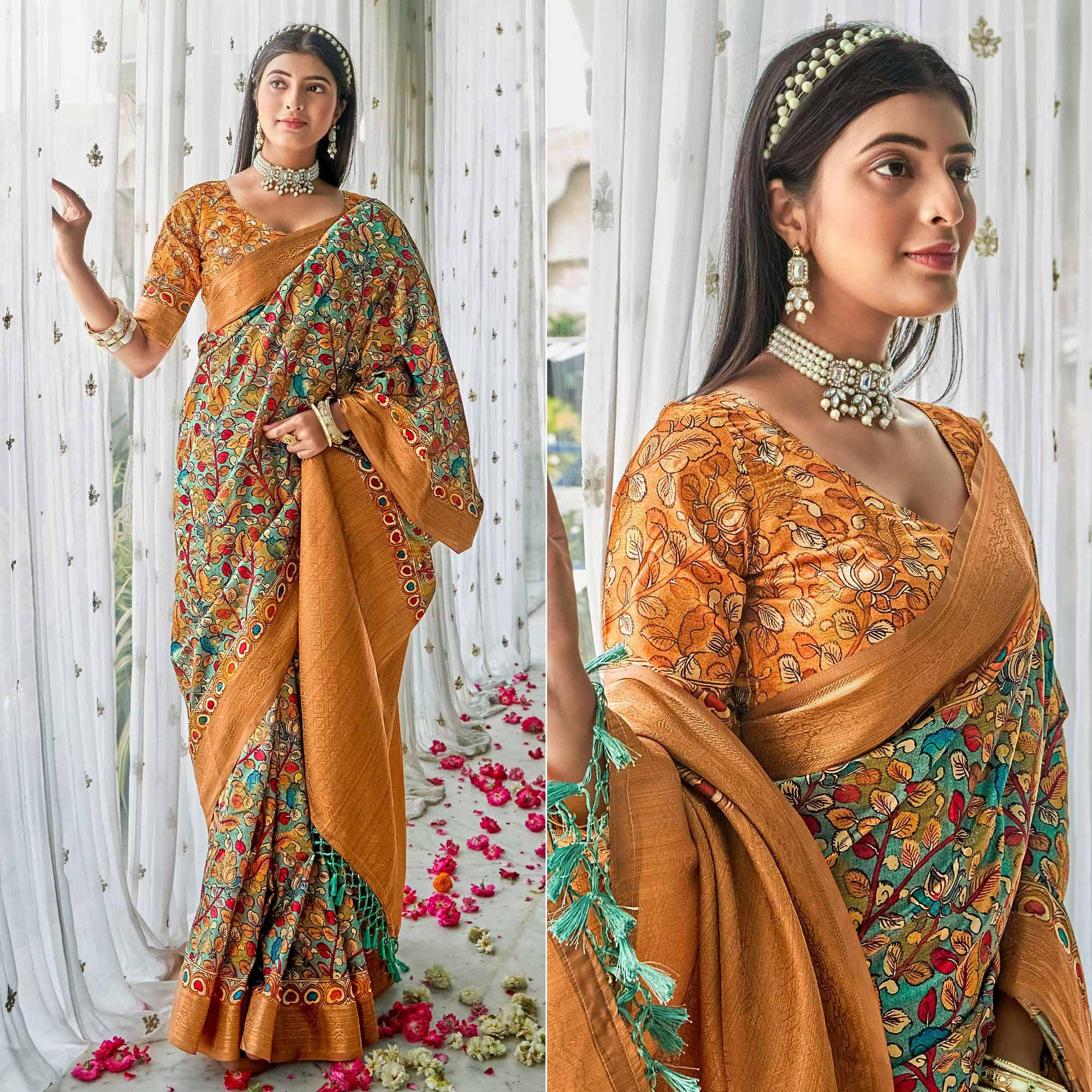 Turquoise Floral Printed Art Silk Saree - Peachmode