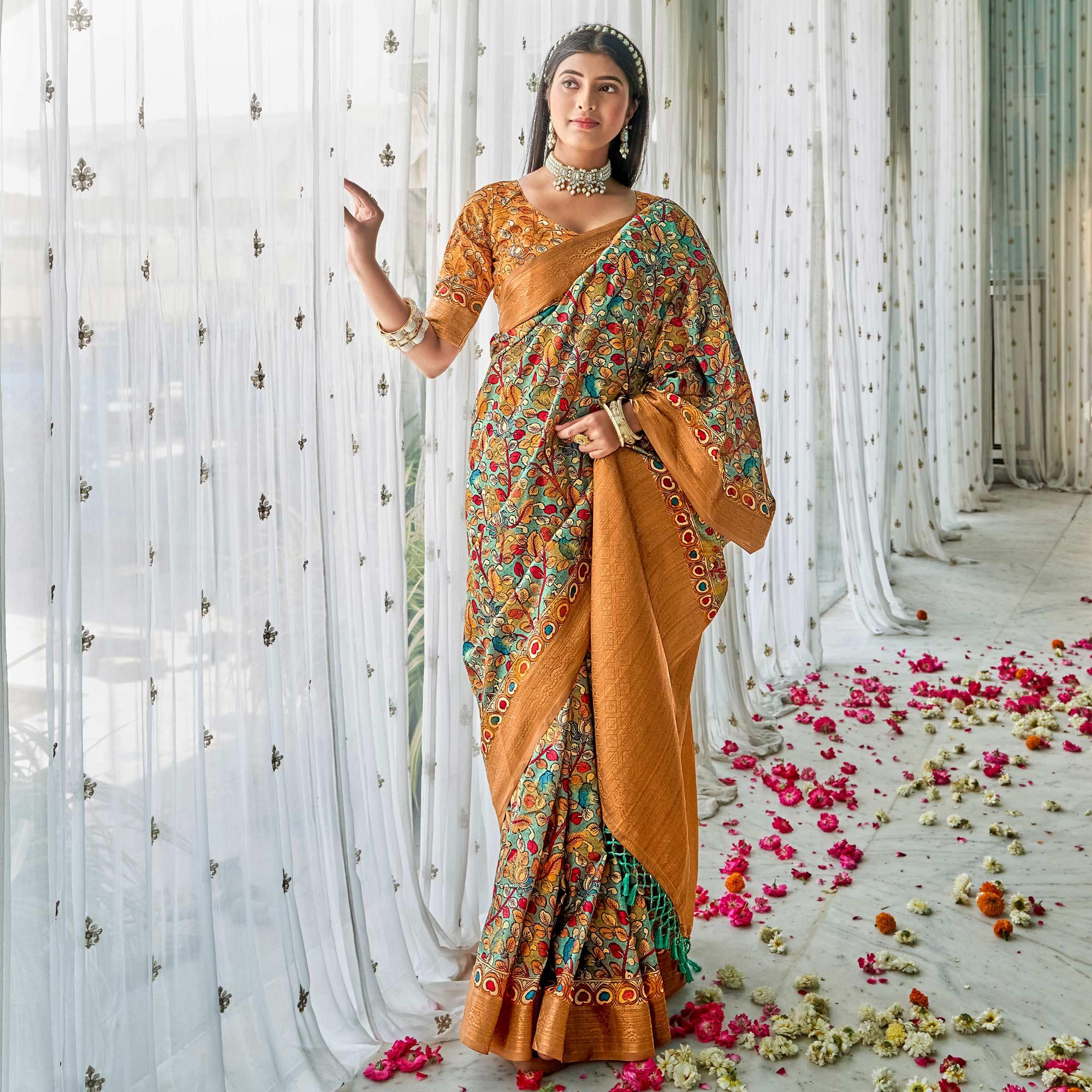 Turquoise Floral Printed Art Silk Saree - Peachmode