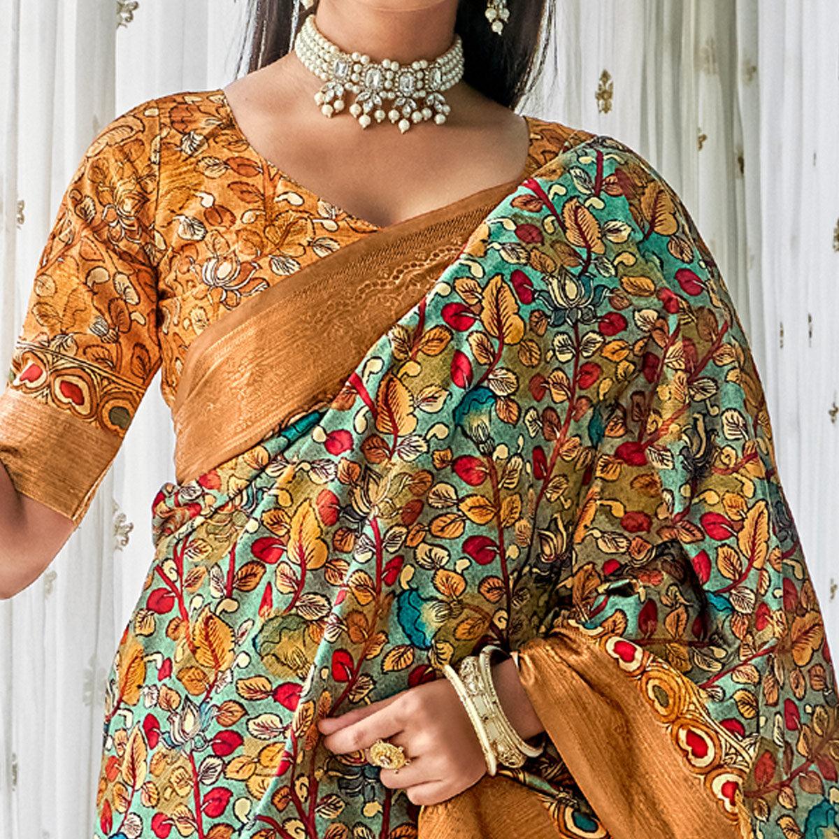 Turquoise Floral Printed Art Silk Saree - Peachmode