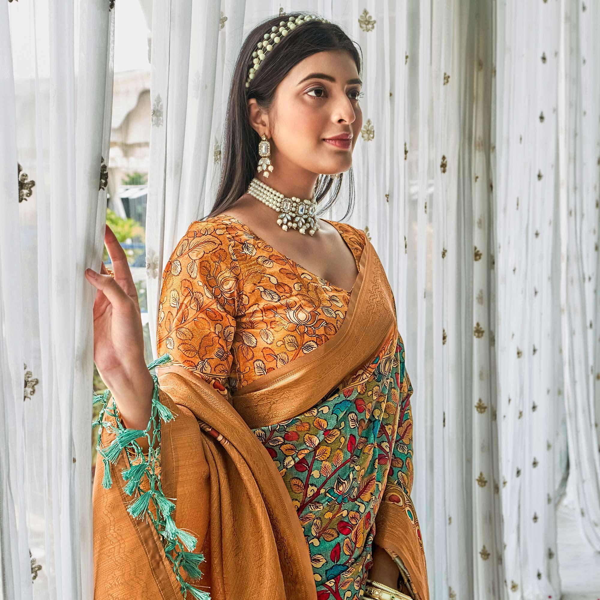 Turquoise Floral Printed Art Silk Saree - Peachmode