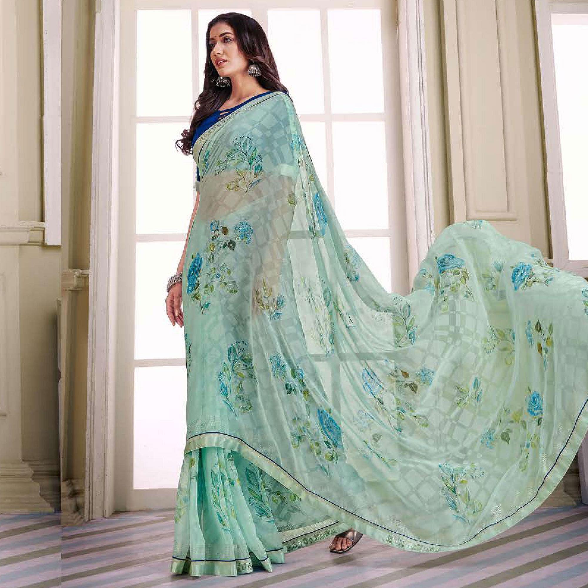 Turquoise Floral Printed Brasso Saree - Peachmode