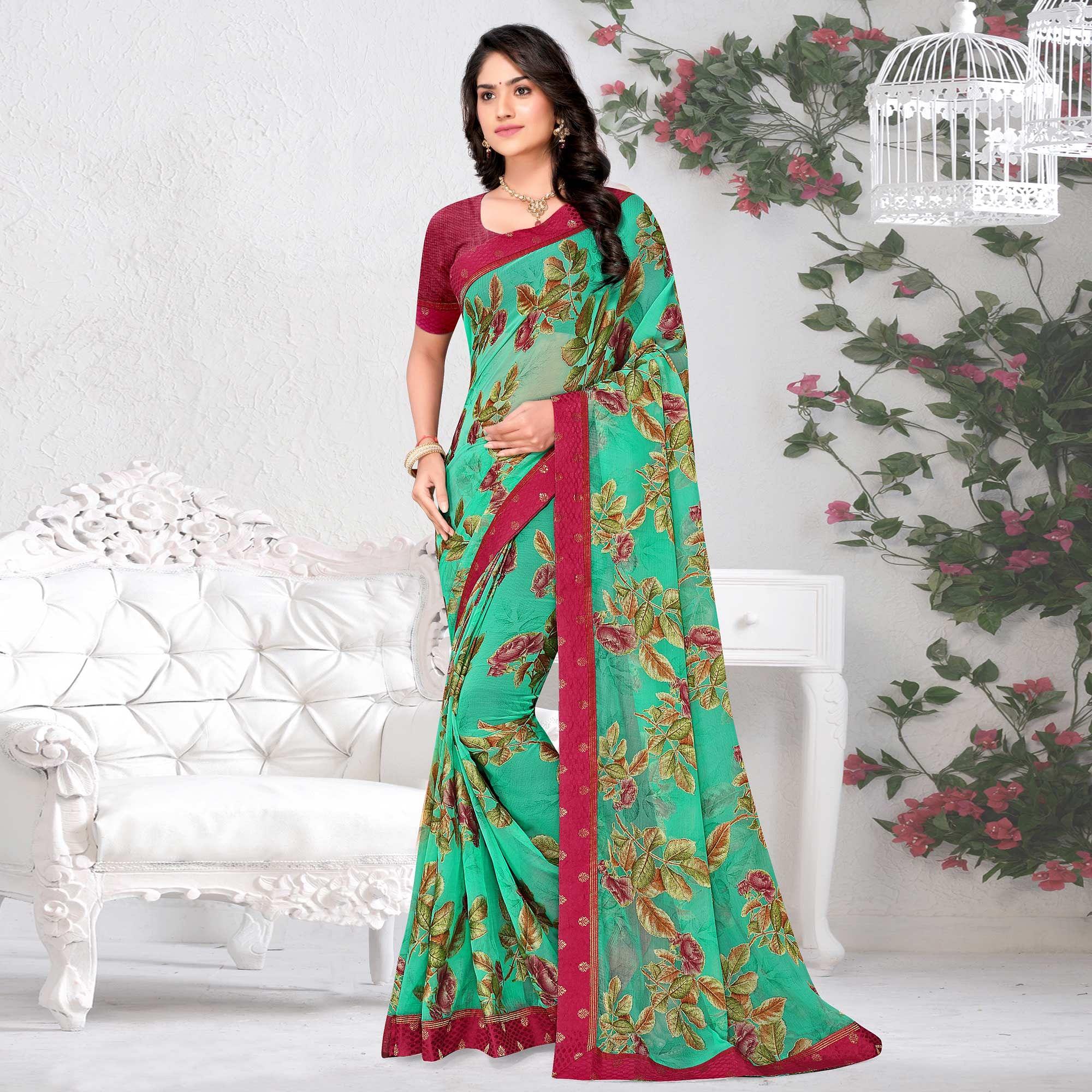 Turquoise Floral Printed Brasso Saree - Peachmode