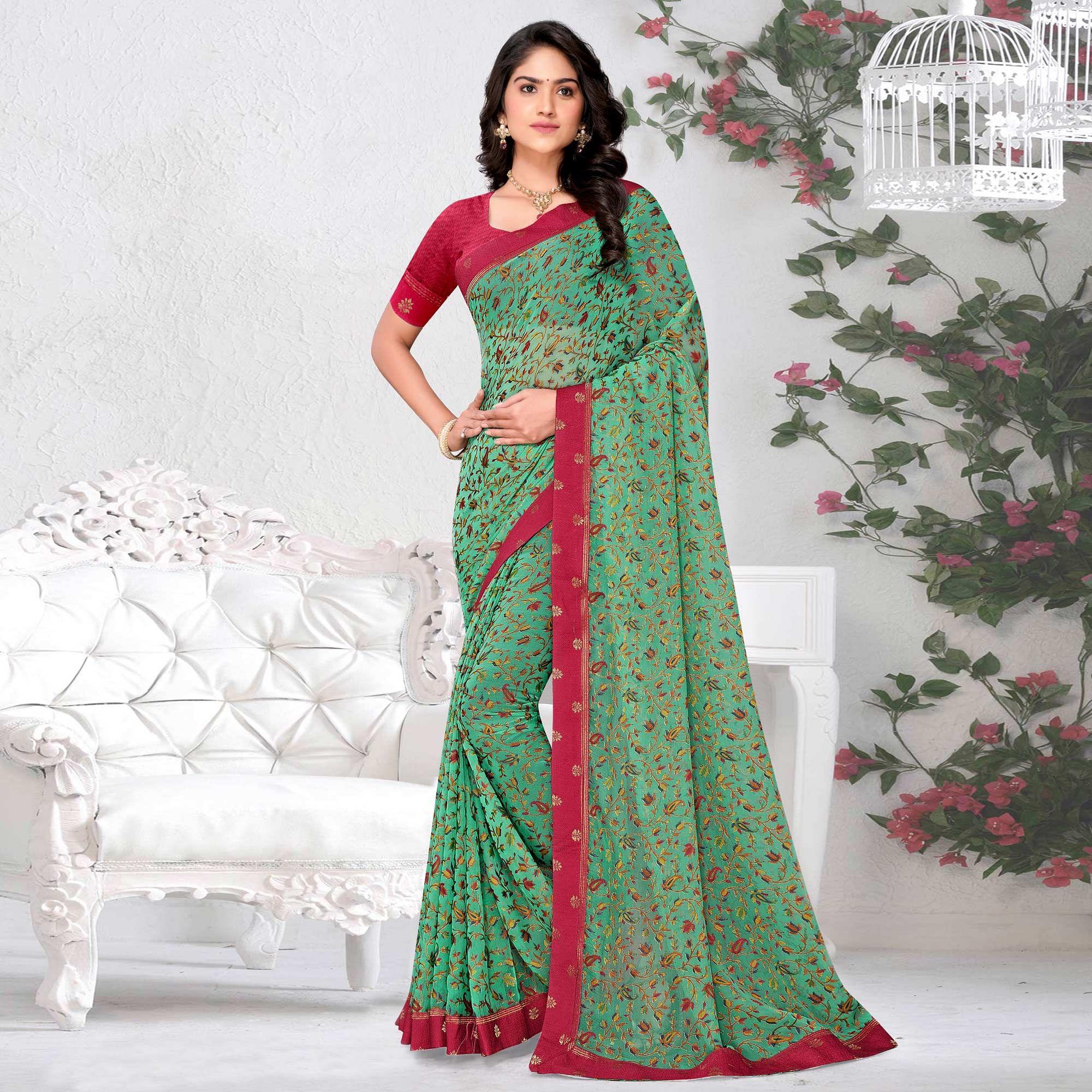 Turquoise Floral Printed Brasso Saree - Peachmode