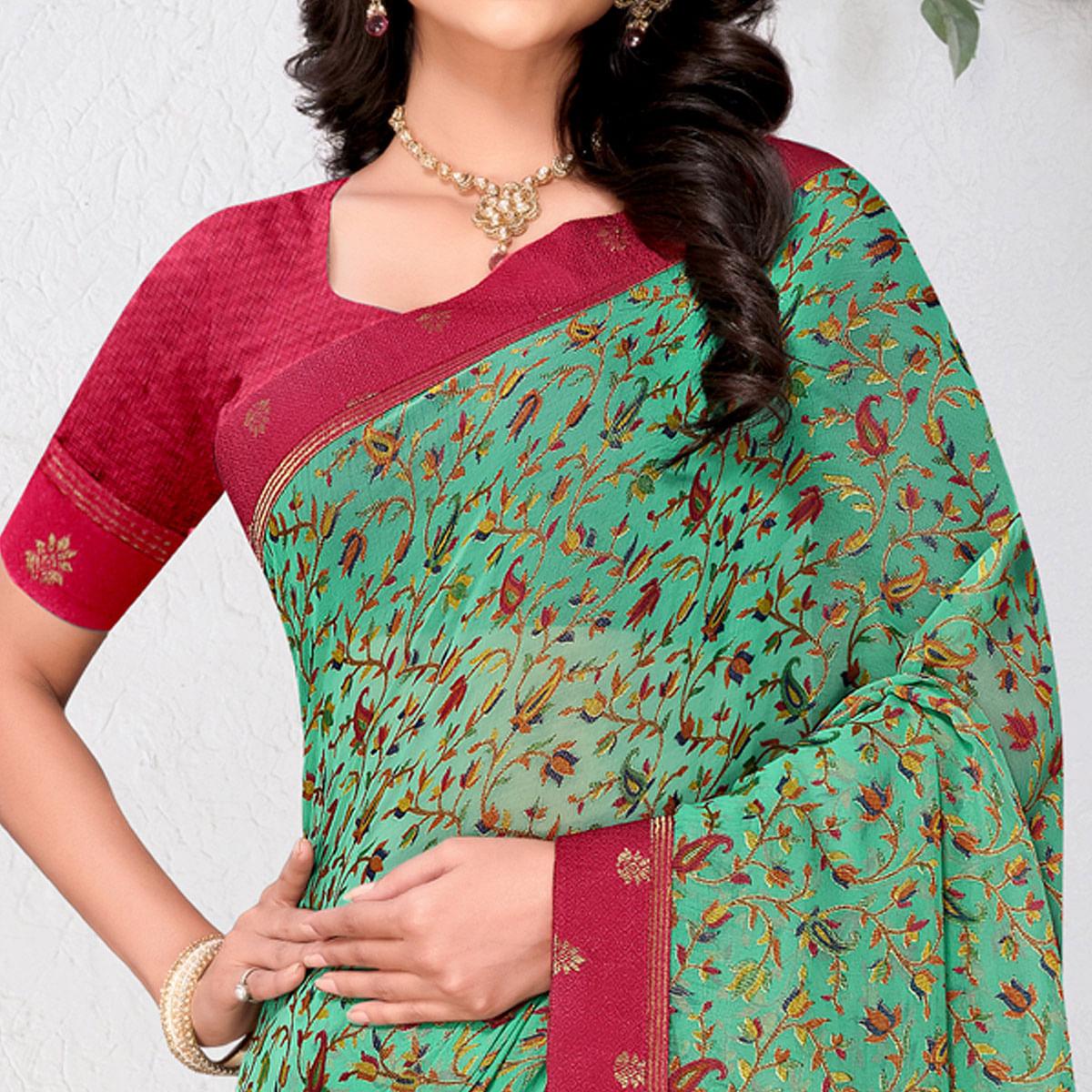 Turquoise Floral Printed Brasso Saree - Peachmode