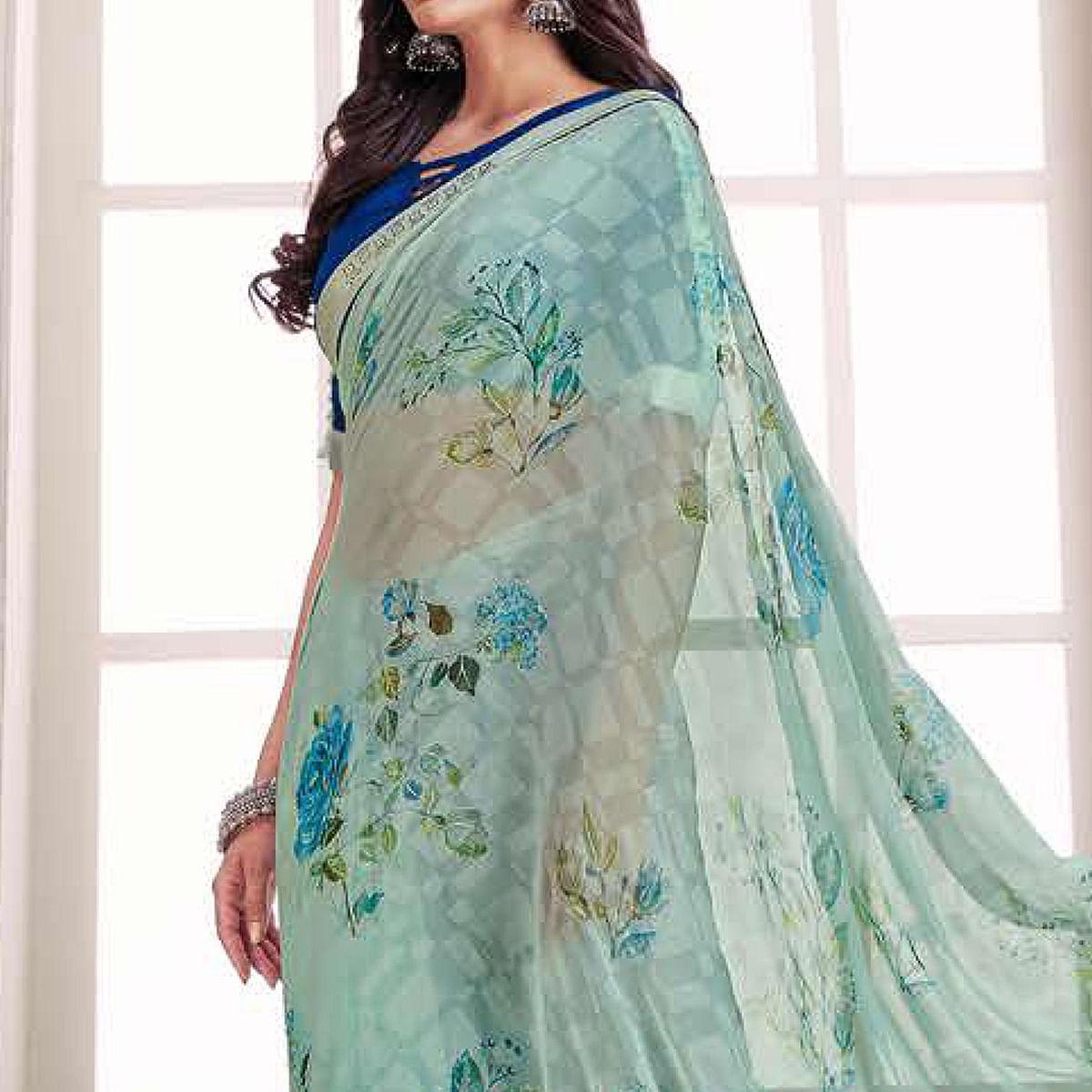 Turquoise Floral Printed Brasso Saree - Peachmode