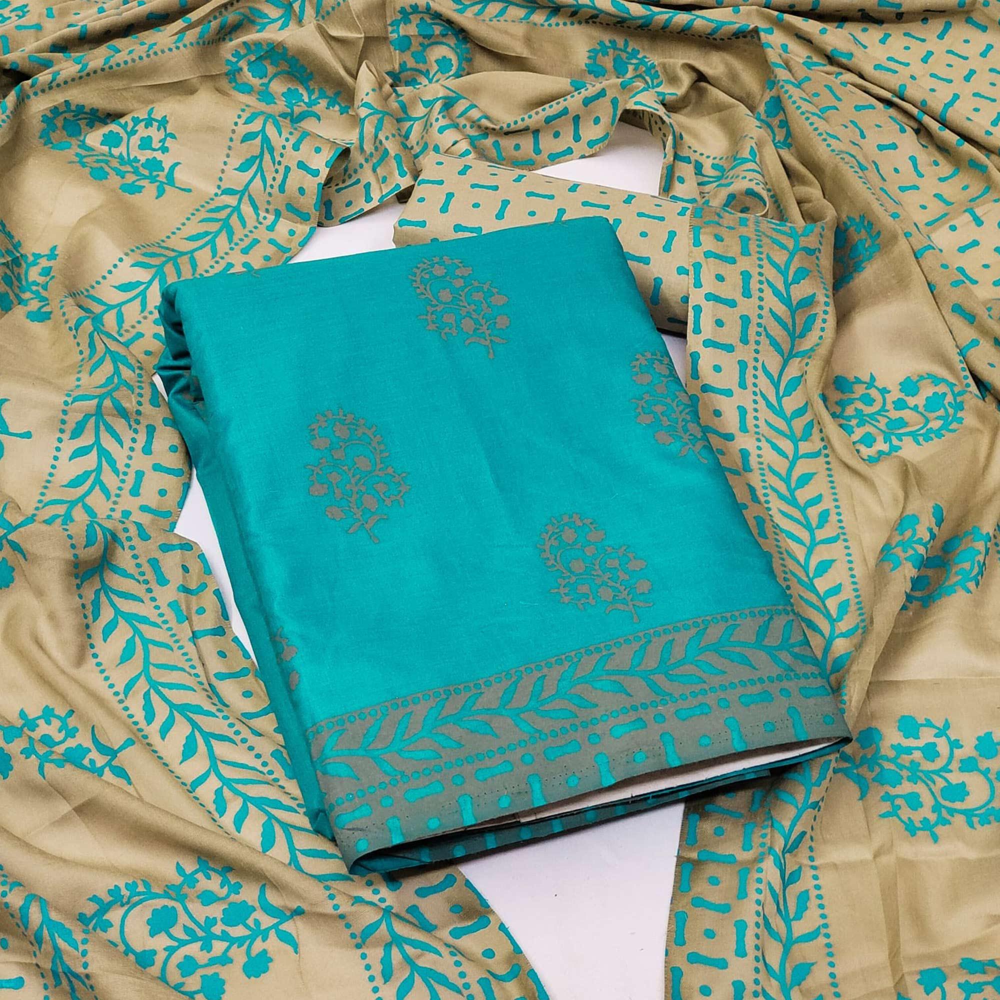 Turquoise Floral Printed Cotton Blend Dress Material - Peachmode
