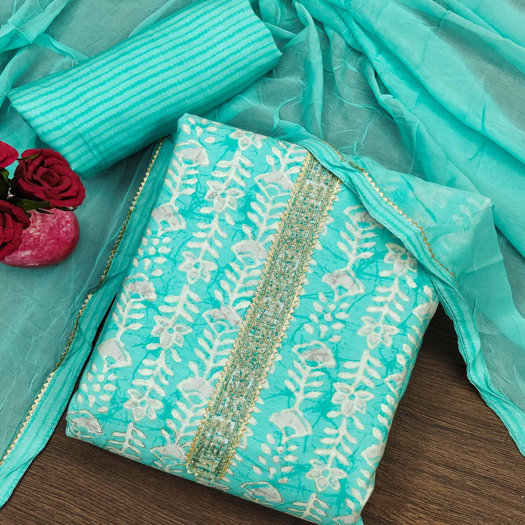 Turquoise Floral Printed With Embroidery Muslin Dress Material - Peachmode