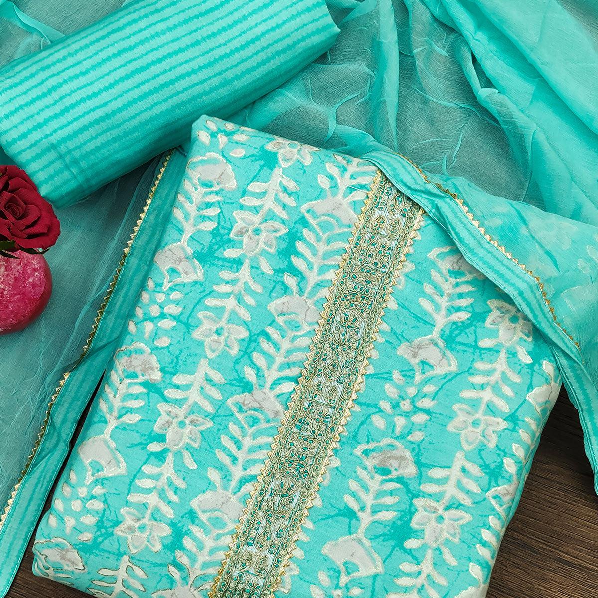 Turquoise Floral Printed With Embroidery Muslin Dress Material - Peachmode