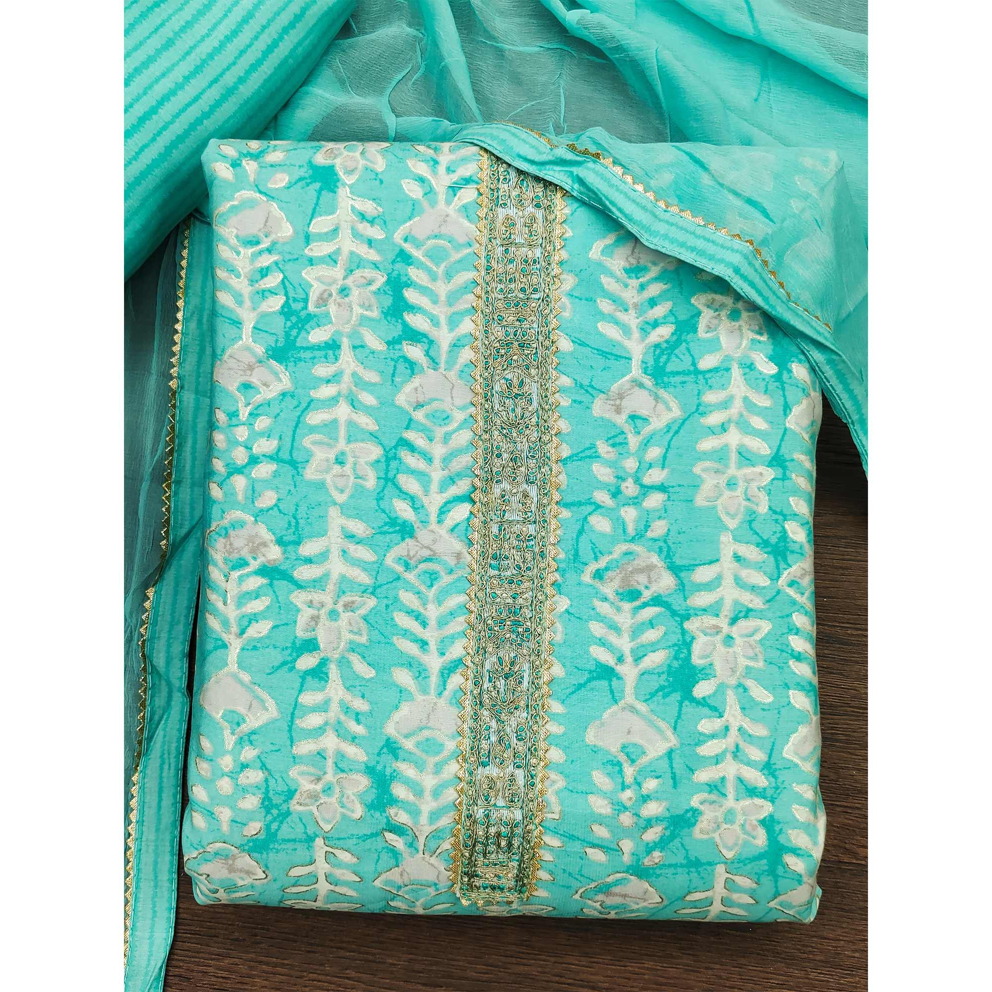 Turquoise Floral Printed With Embroidery Muslin Dress Material - Peachmode