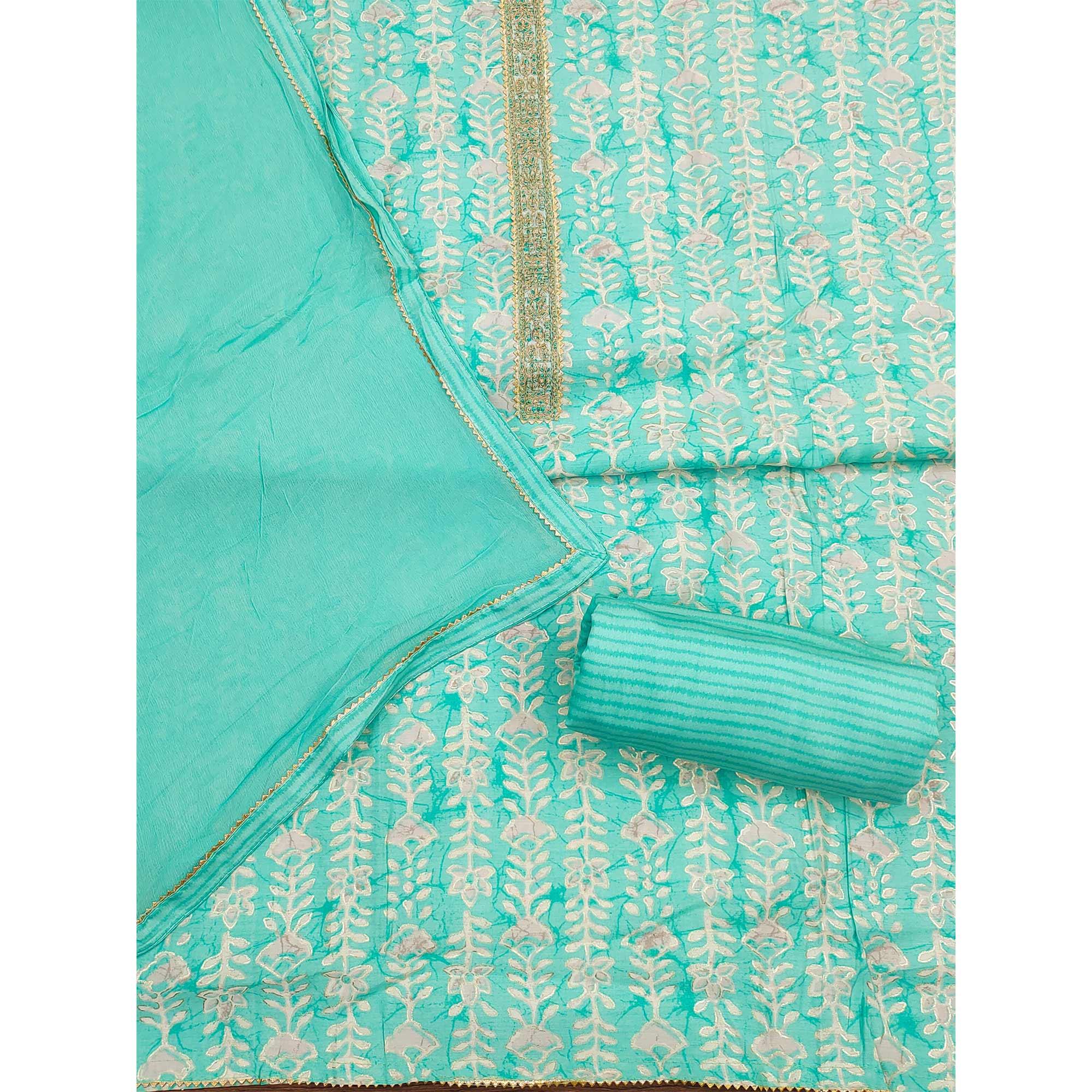 Turquoise Floral Printed With Embroidery Muslin Dress Material - Peachmode