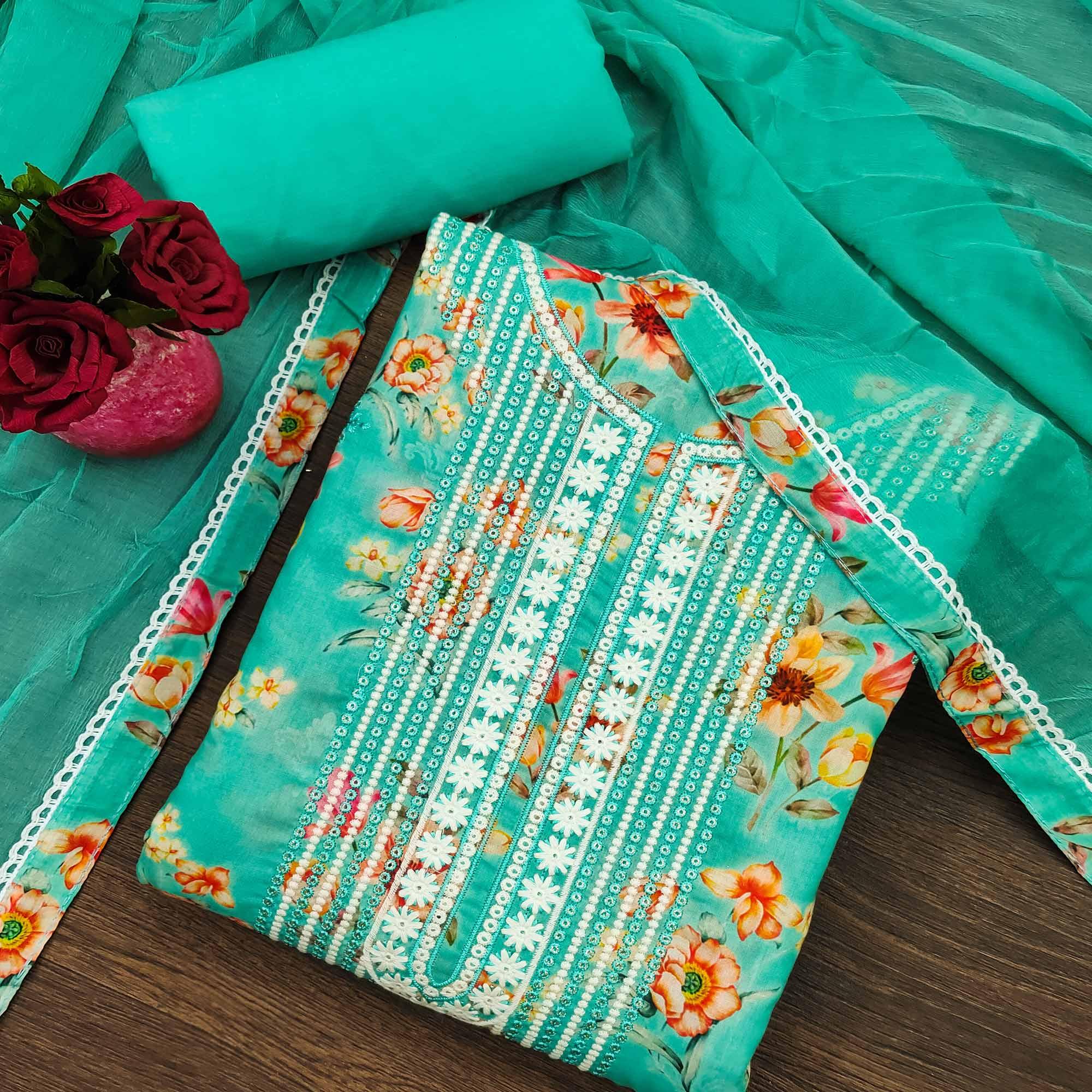 Turquoise Floral Printed With Embroidery Pure Cotton Dress Material - Peachmode