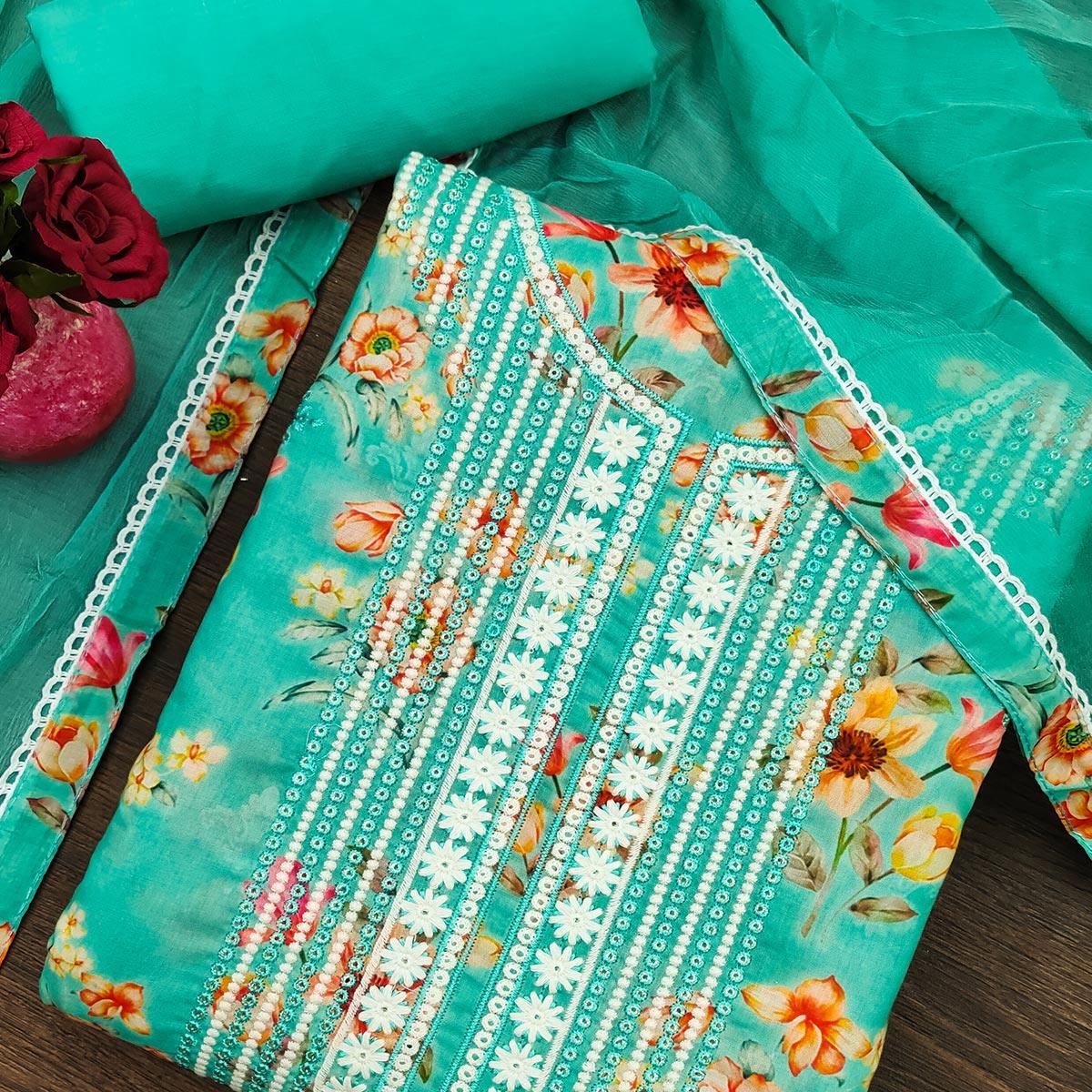 Turquoise Floral Printed With Embroidery Pure Cotton Dress Material - Peachmode