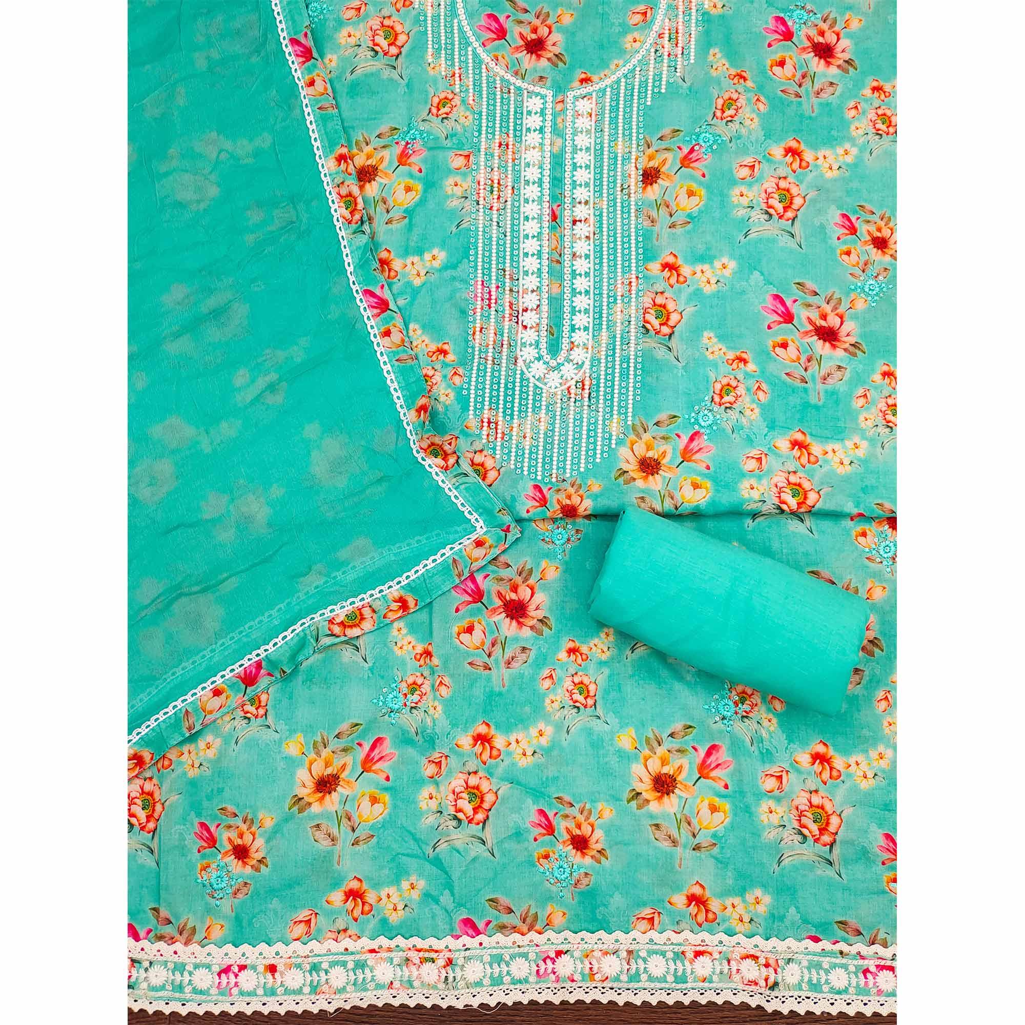 Turquoise Floral Printed With Embroidery Pure Cotton Dress Material - Peachmode