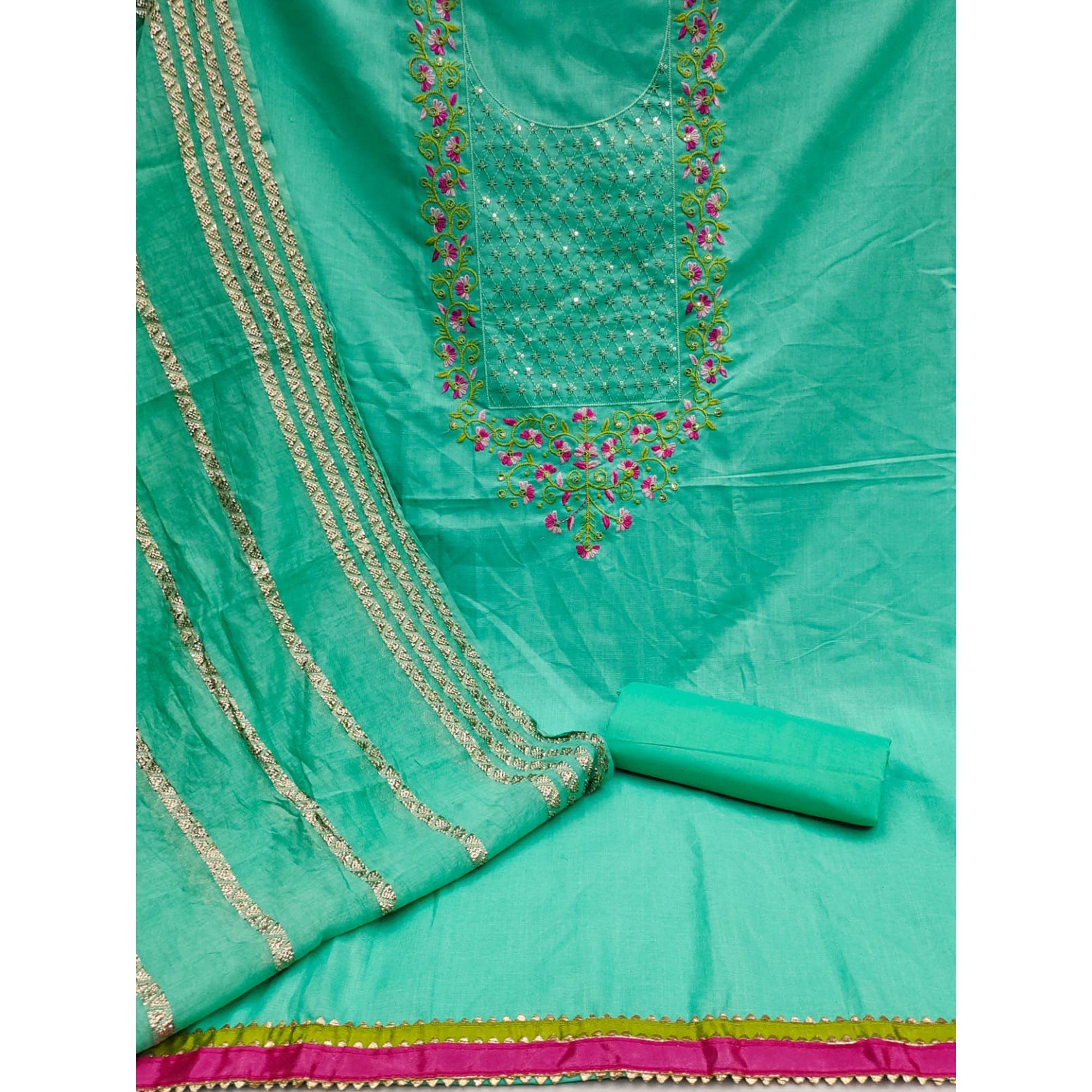 Turquoise Floral Sequence Embroidered Cotton Blend Dress Material - Peachmode