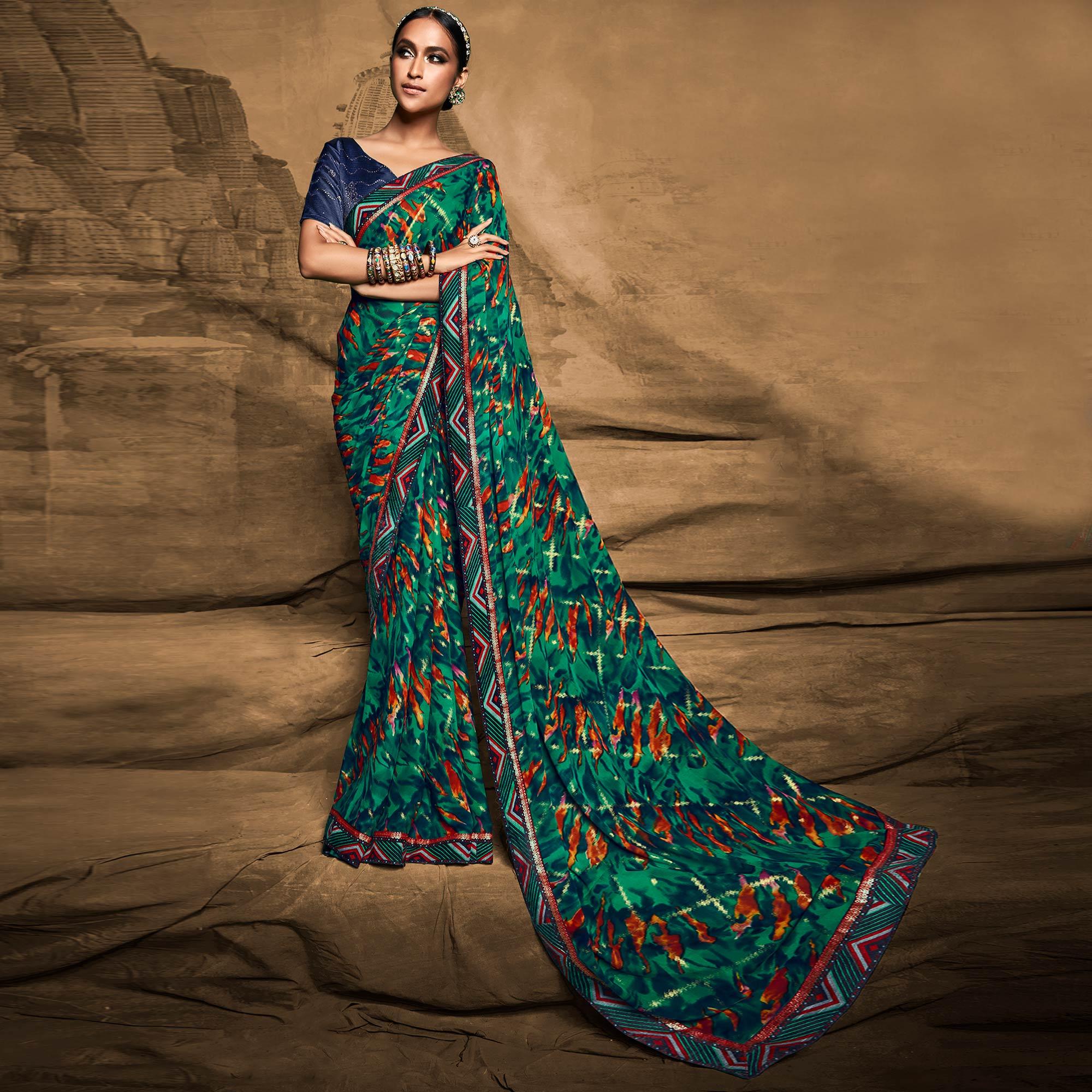 Turquoise Foil Printed Georgette Saree - Peachmode