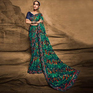 Turquoise Foil Printed Georgette Saree - Peachmode