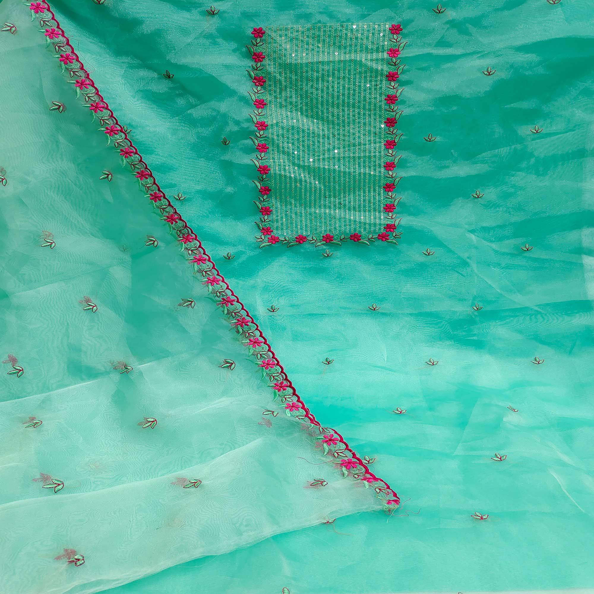 Turquoise Green Casual Wear Embroidered Organza Dress Material - Peachmode