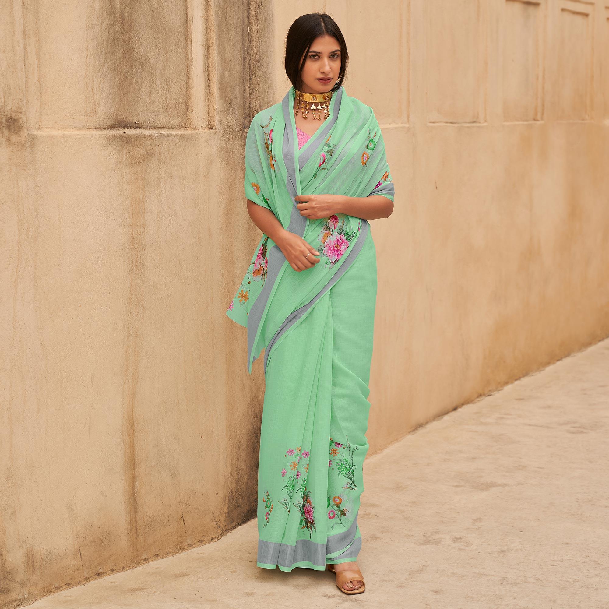 Turquoise Green Casual Wear Floral Printed Zari Border Soft Linen Cotton Saree - Peachmode