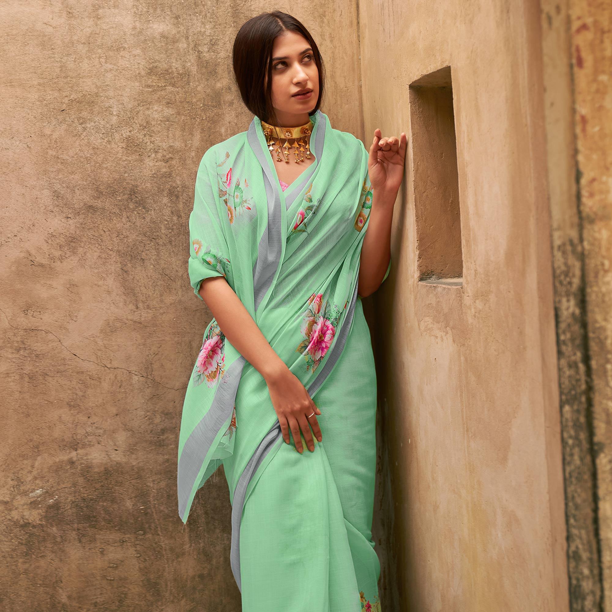 Turquoise Green Casual Wear Floral Printed Zari Border Soft Linen Cotton Saree - Peachmode