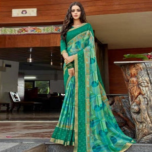 Turquoise Green Casual Wear Printed Brasso Saree - Peachmode