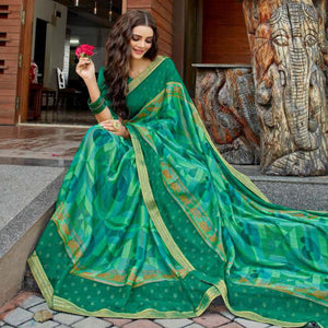 Turquoise Green Casual Wear Printed Brasso Saree - Peachmode