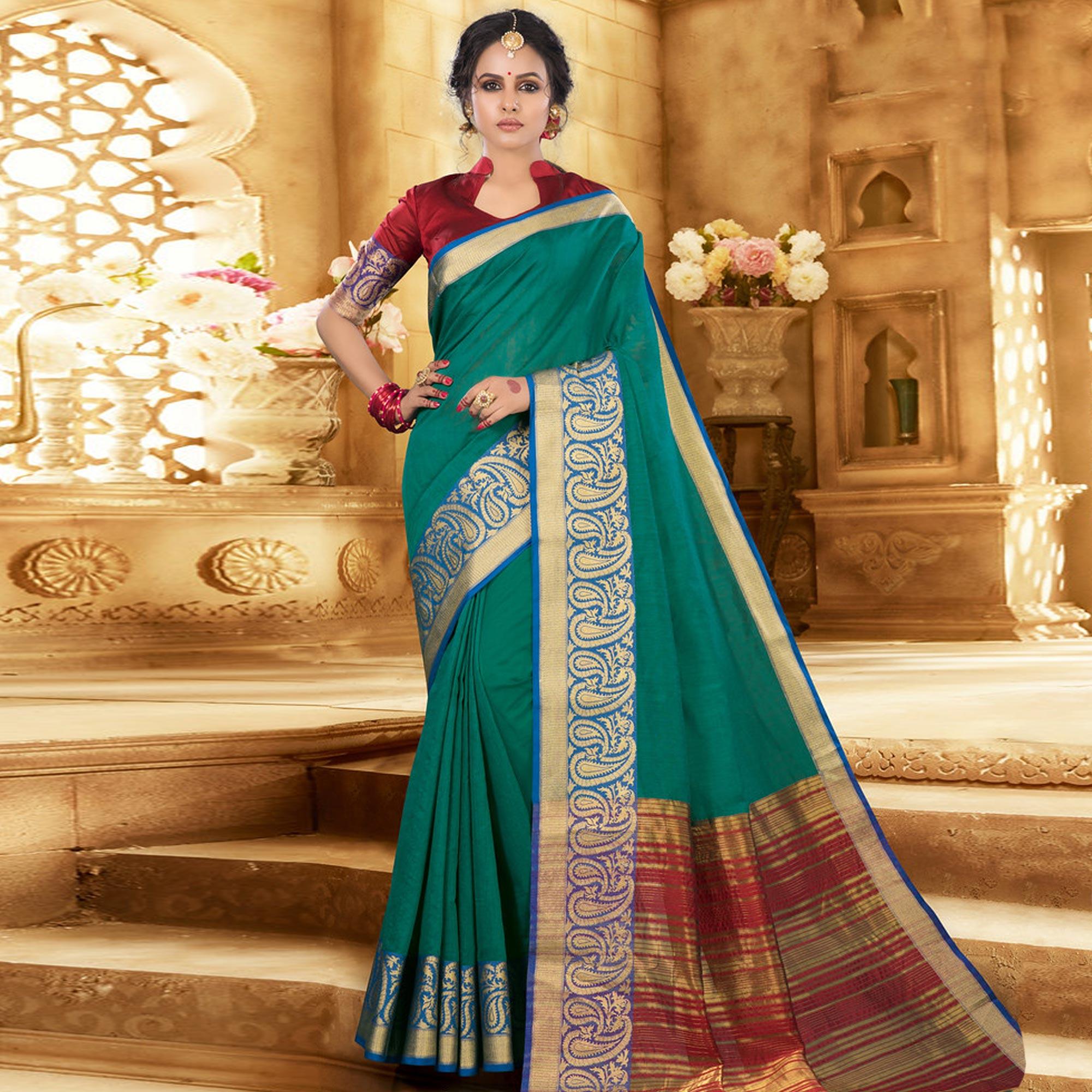 Turquoise Green Colored Festive Wear Woven Jute Saree - Peachmode