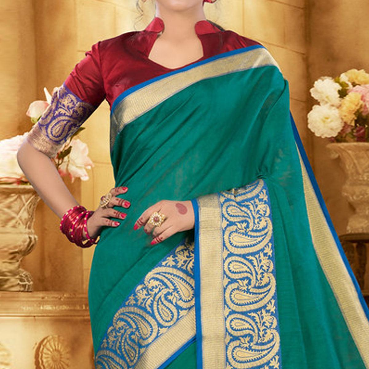 Turquoise Green Colored Festive Wear Woven Jute Saree - Peachmode