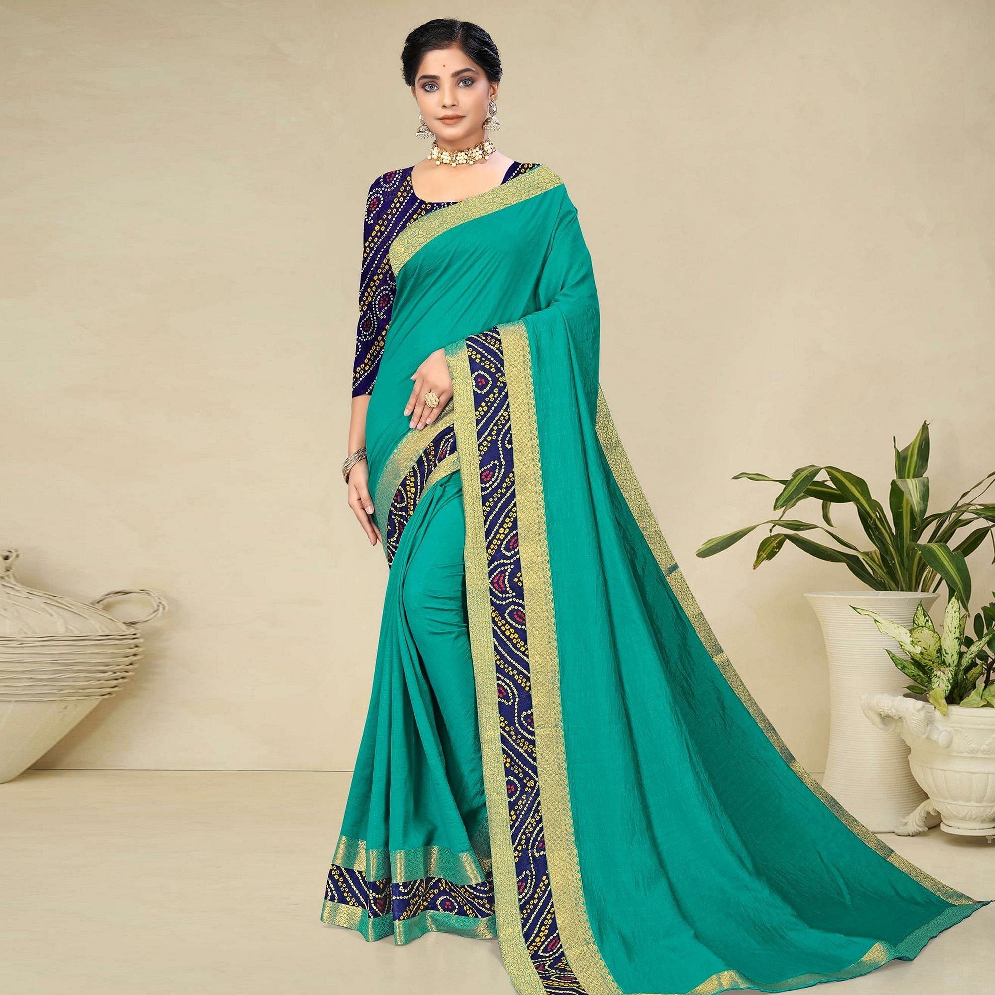 Turquoise Green Festive Wear Bandhani Printed Border Silk Designer Saree - Peachmode