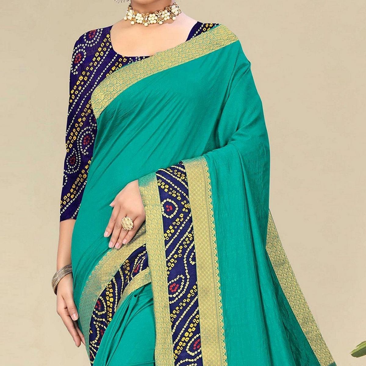Turquoise Green Festive Wear Bandhani Printed Border Silk Designer Saree - Peachmode