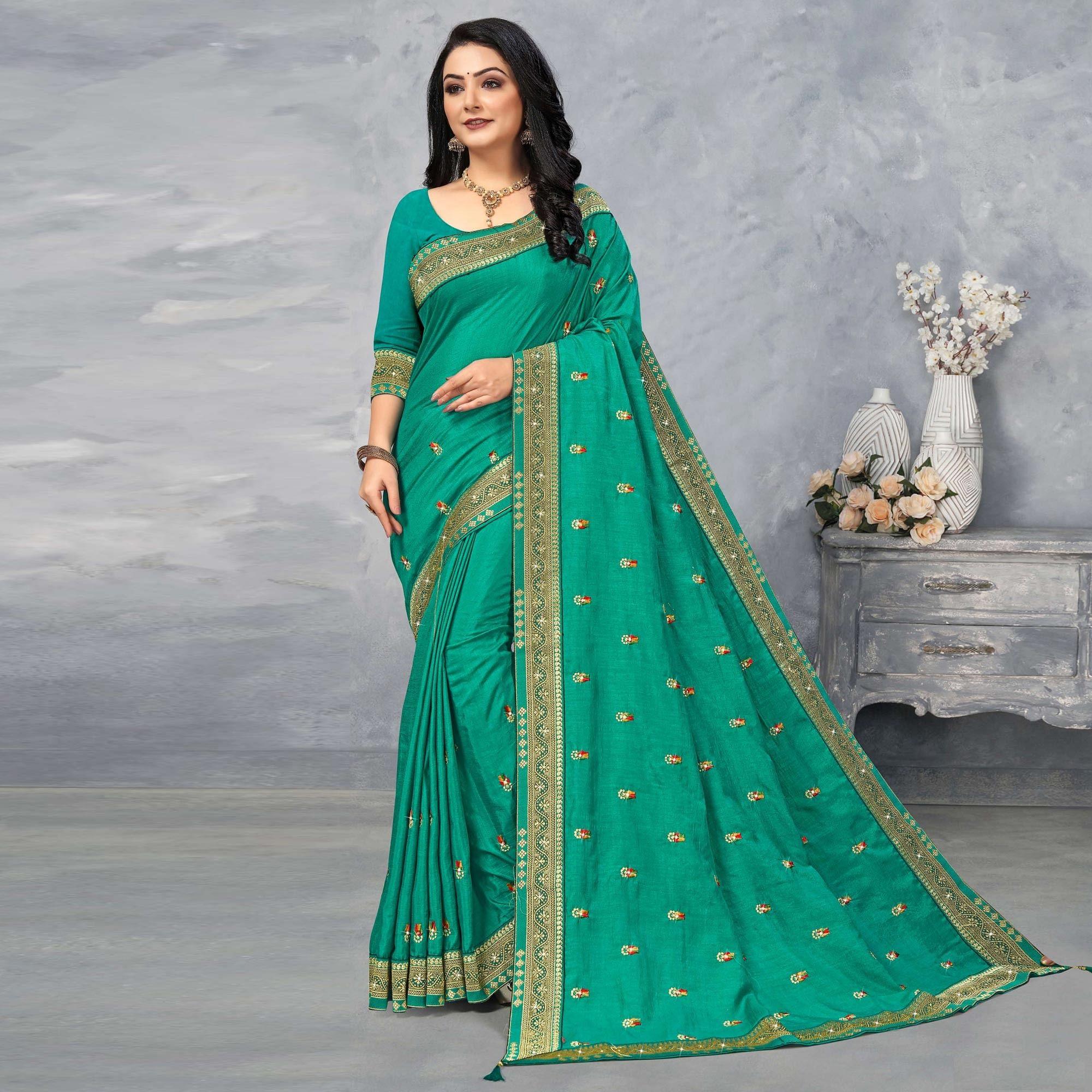 Turquoise Green Festive Wear Embroidered Vichitra Silk Sare - Peachmode