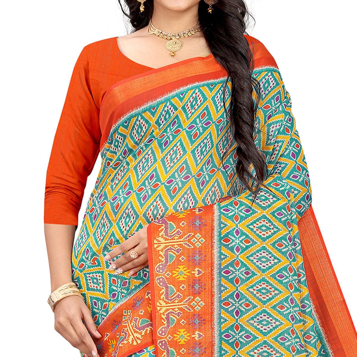 Turquoise Green Festive Wear Floral Printed Cotton linen Saree - Peachmode