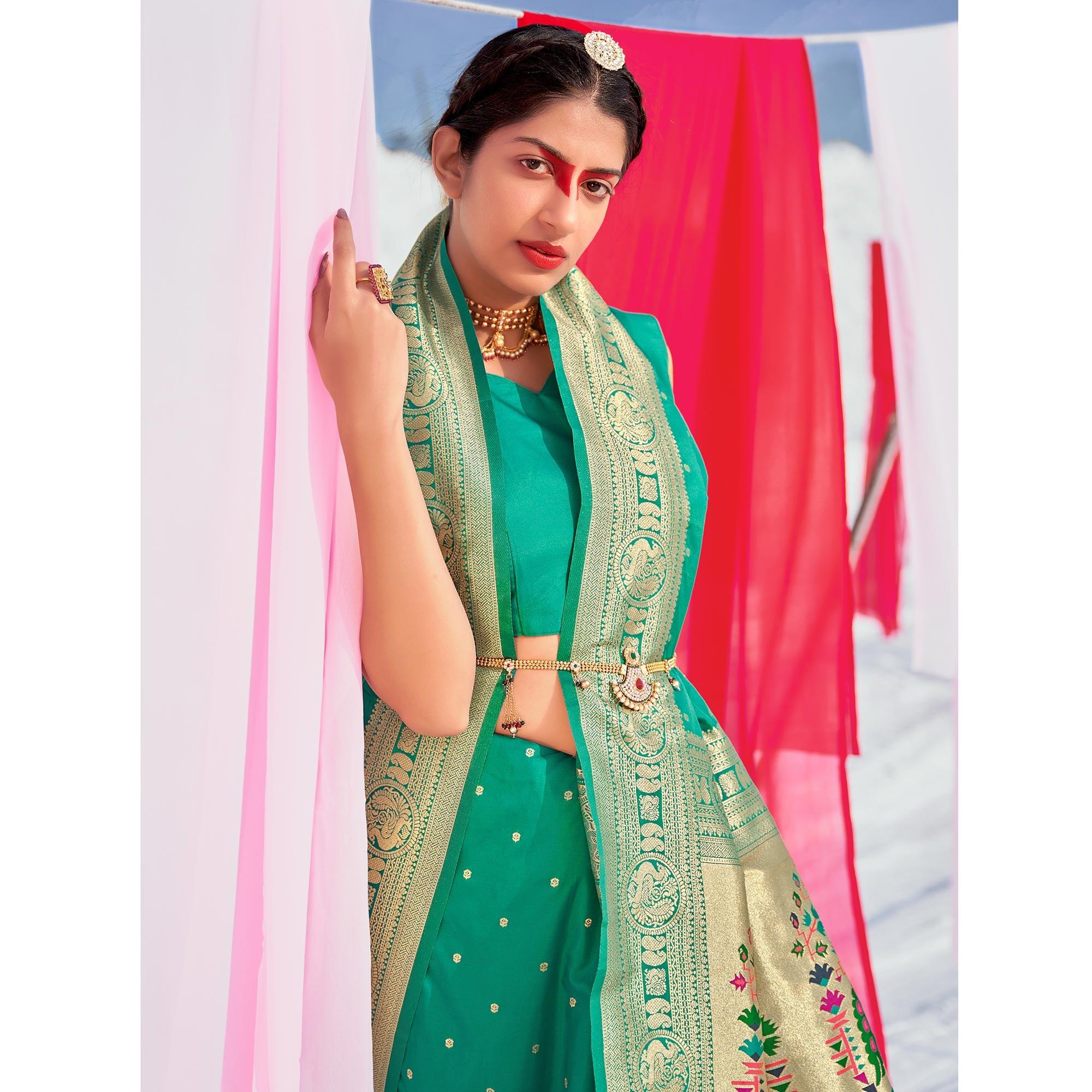 Turquoise Green Festive Wear Woven Banarasi Silk Paithani Saree - Peachmode
