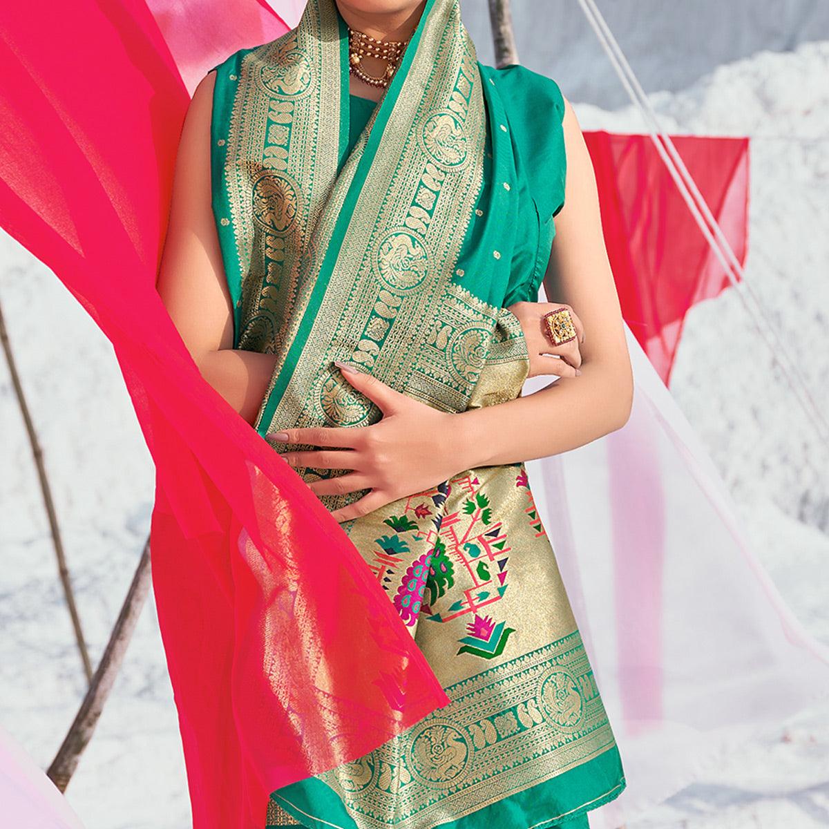 Turquoise Green Festive Wear Woven Banarasi Silk Paithani Saree - Peachmode