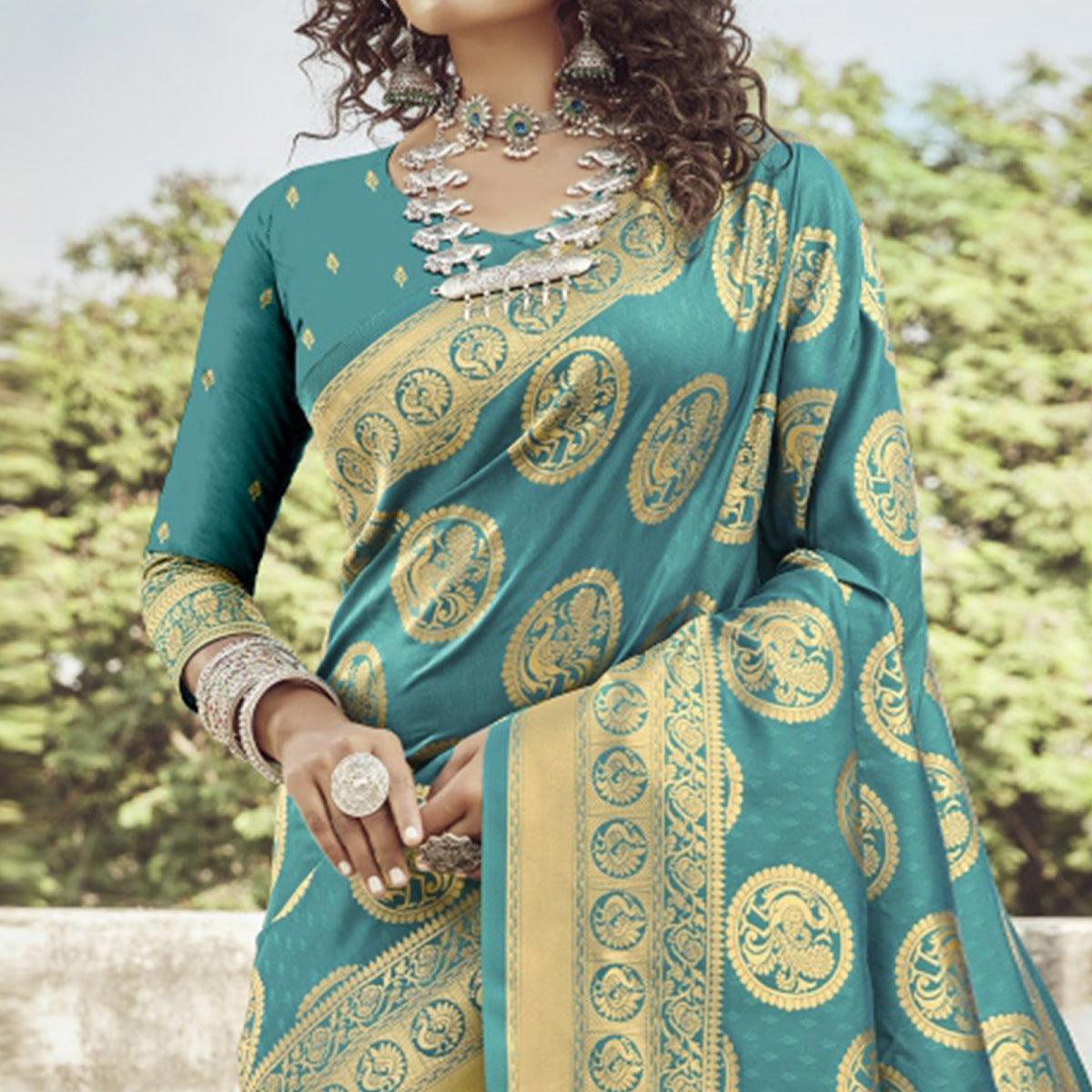 Turquoise Green Festive Wear Woven Banarasi Silk Saree - Peachmode
