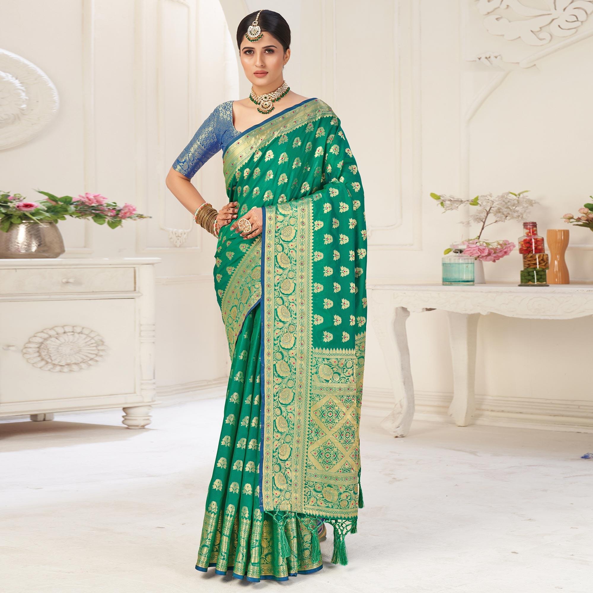 Turquoise Green Festive Wear Woven-Embellished Silk Saree With Tassels - Peachmode