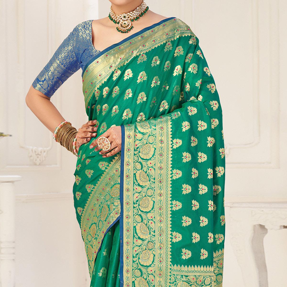 Turquoise Green Festive Wear Woven-Embellished Silk Saree With Tassels - Peachmode