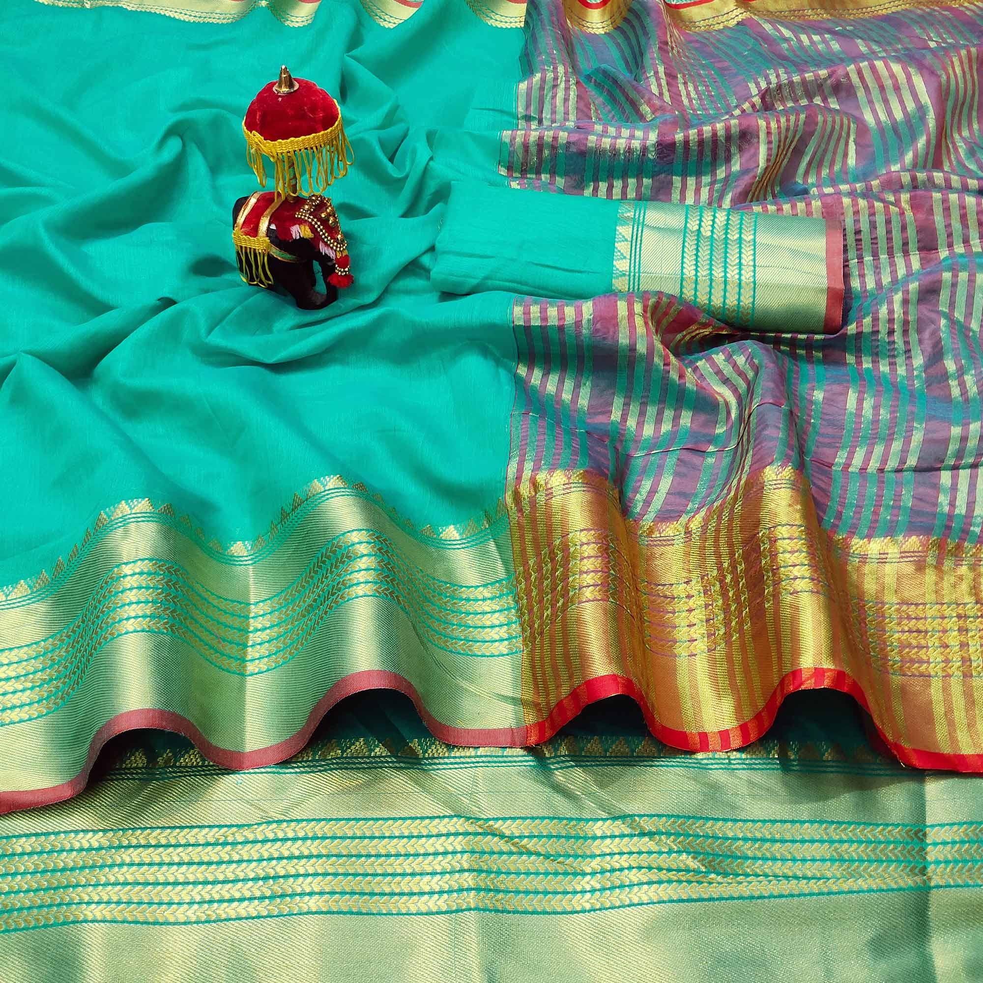Turquoise Green Festive Wear Woven Jacquard Saree With Golden Border - Peachmode