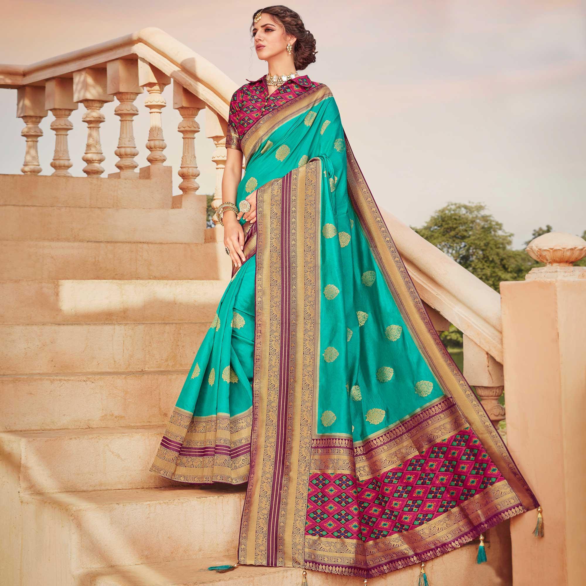 Turquoise Green Festive Wear Woven Silk Saree - Peachmode