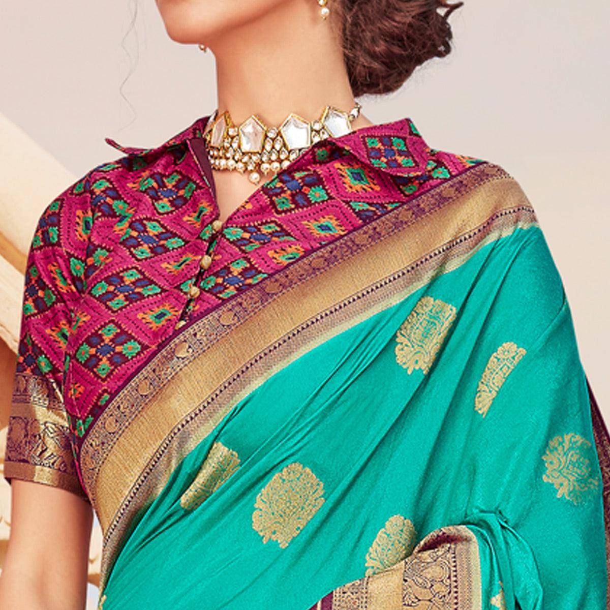 Turquoise Green Festive Wear Woven Silk Saree - Peachmode