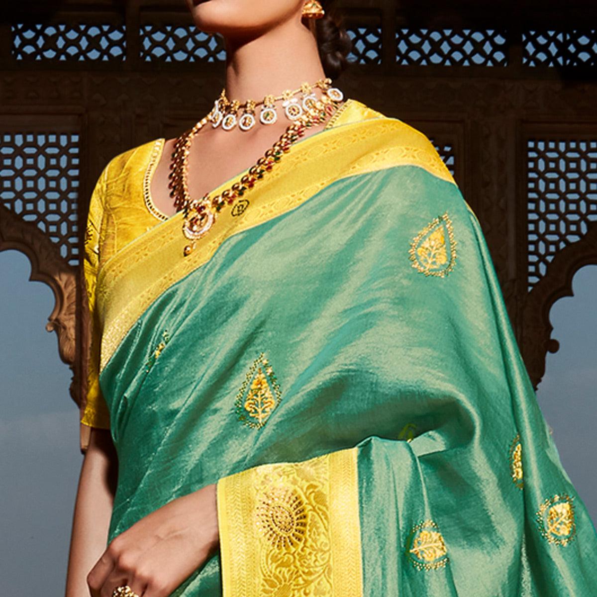 Turquoise Green Festive Wear Woven Silk Saree - Peachmode